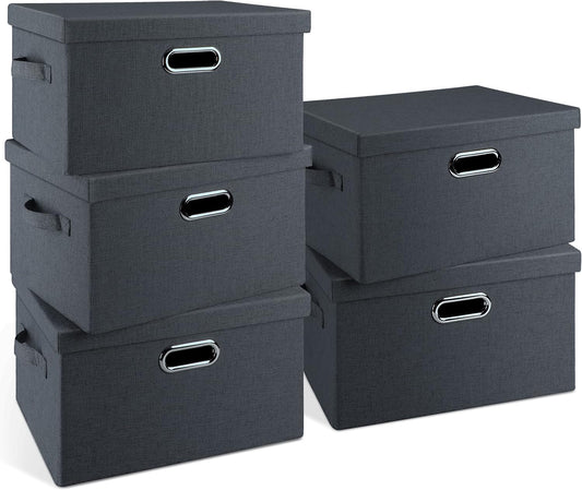 Medium 15" 21 Quart Collapsible Stackable Storage Bins with Lids, 5 Packs Dark Gray Foldable Fabric