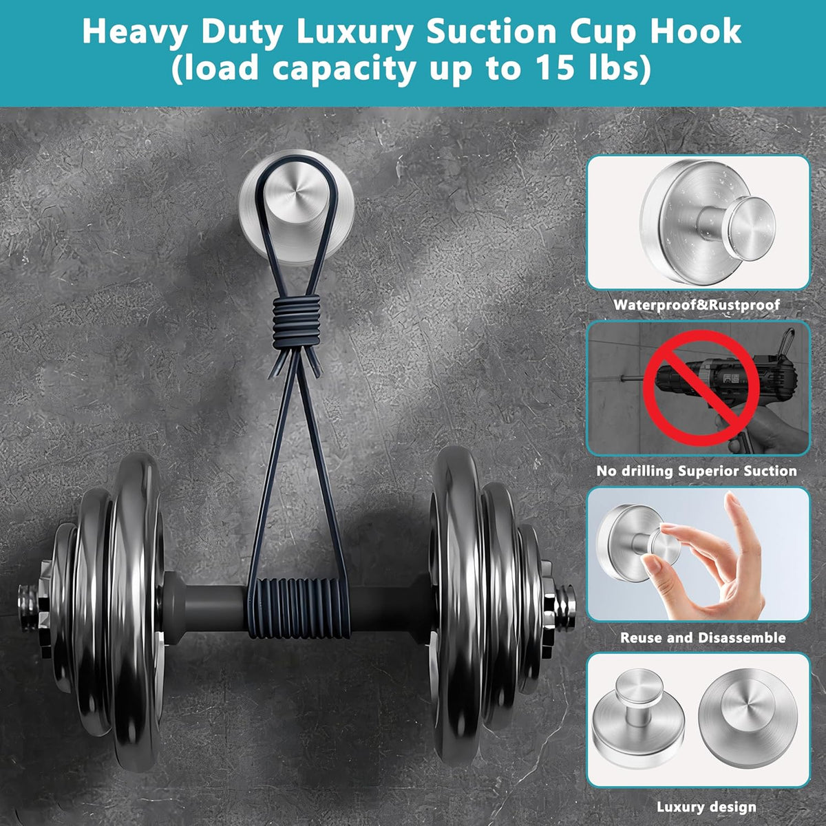Suction Cup Hooks for Shower,Removable No Drill Towel Hooks,Upgraded 15 lbs Strong Suction hooks