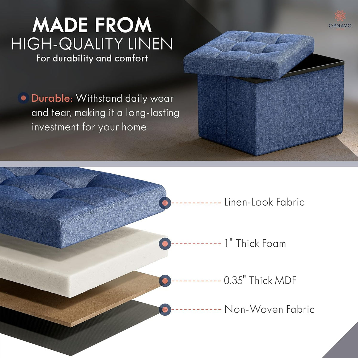 Ornavo Home Small Storage Ottoman Foldable Collapsible Rectangle Linen Ottoman Foot Rest Stool