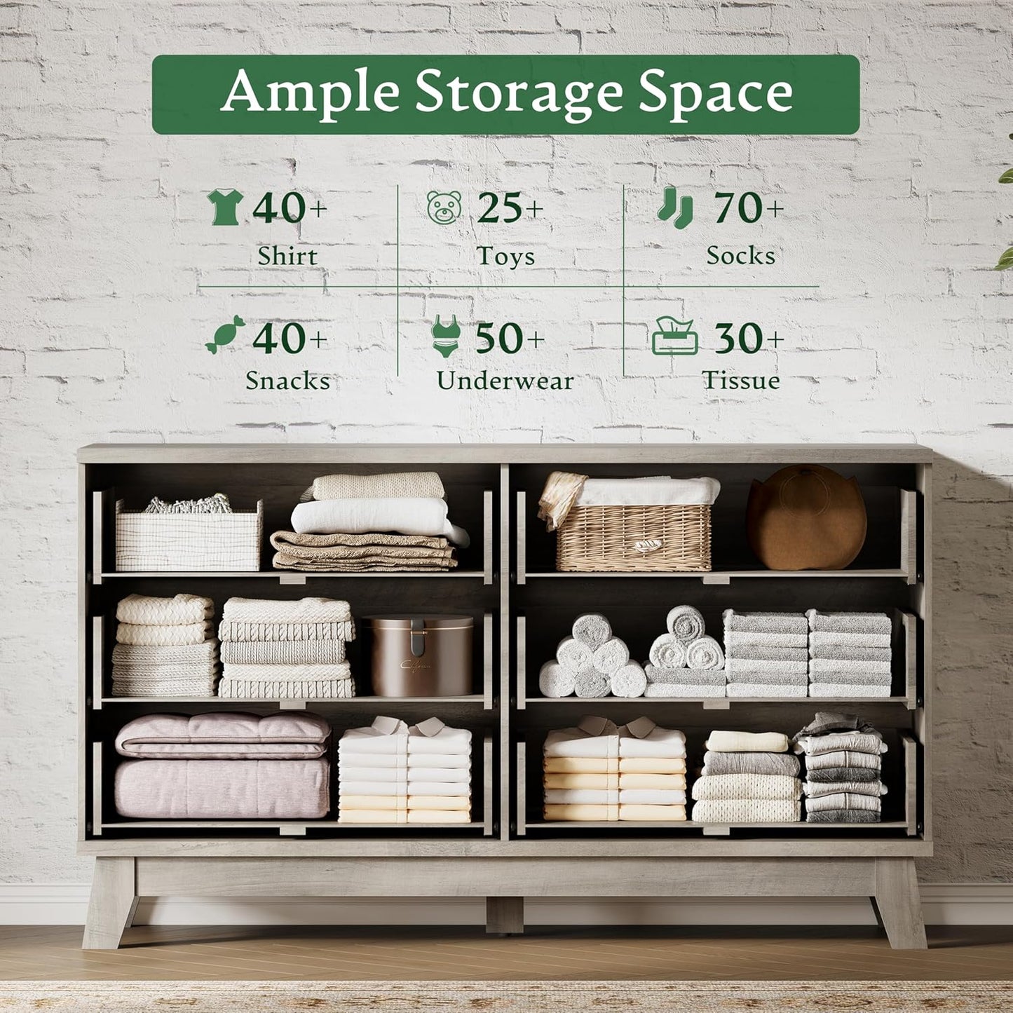 Fluted Dresser with 6 Drawers, 54" Wide Modern Chest of Drawers with Metal Handle, Wooden Dresser