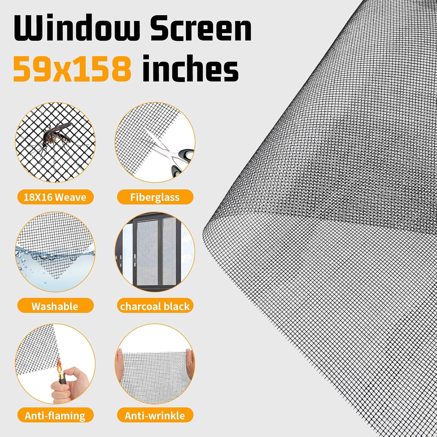 Window Screen Replacement,Screen Door Repair Kit, 59"x158" Black Window Screen Mesh,Including 50 FT