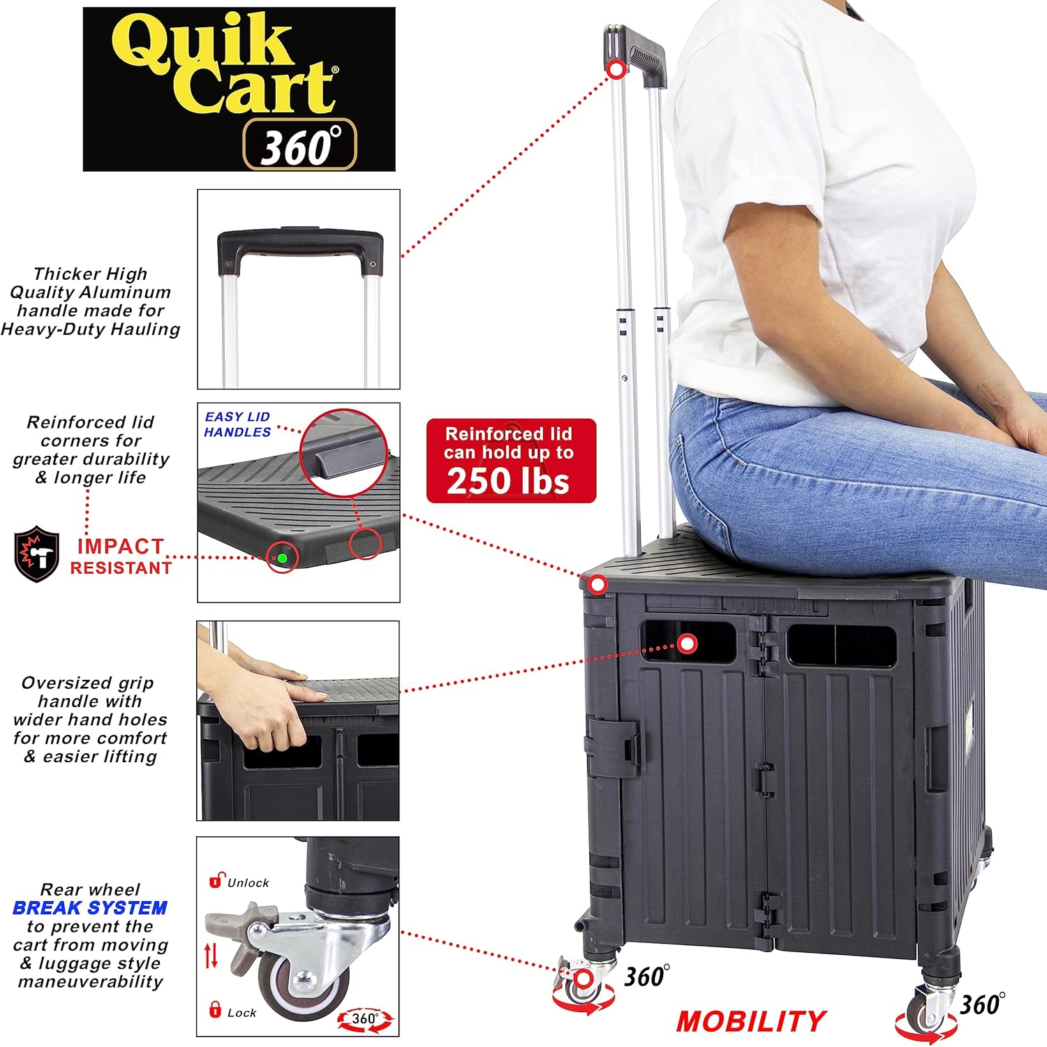 dbest products Quik Cart 360 Four Wheeled Rolling Crate Teacher Utility with seat Heavy Duty