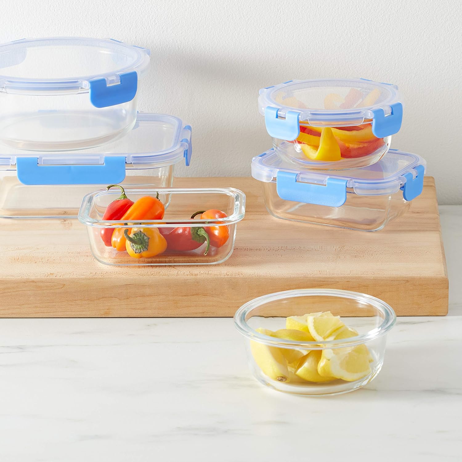 Amazon Basics Glass Food Storage Containers with Locking Lids, Set of 7, 14 pieces including lids