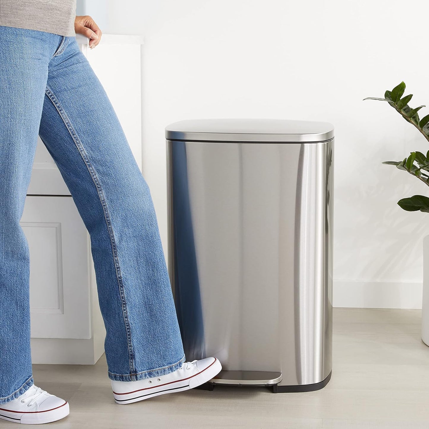 Amazon Basics Smudge Resistant Rectangular Trash Can With Soft-Close Foot Pedal, Brushed Stainless