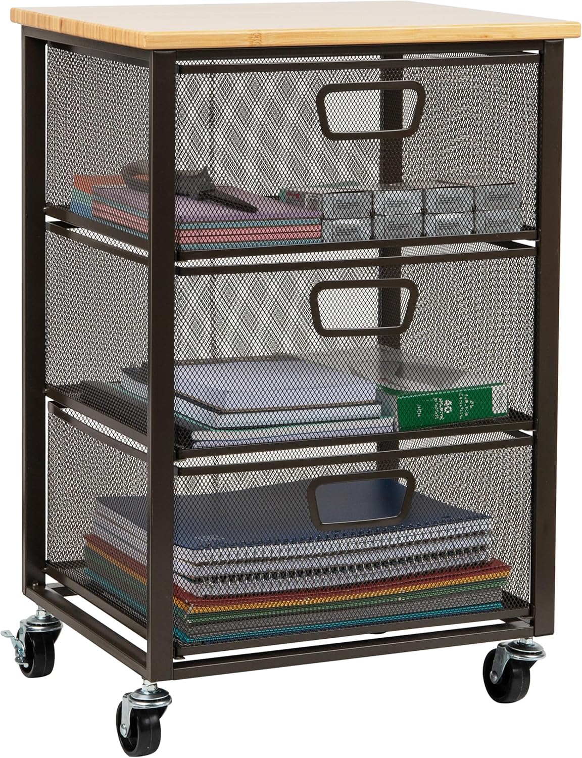 Mind Reader 3-Drawer Rolling Storage Cart, Office Organizer with Wood Top, Multipurpose Portable