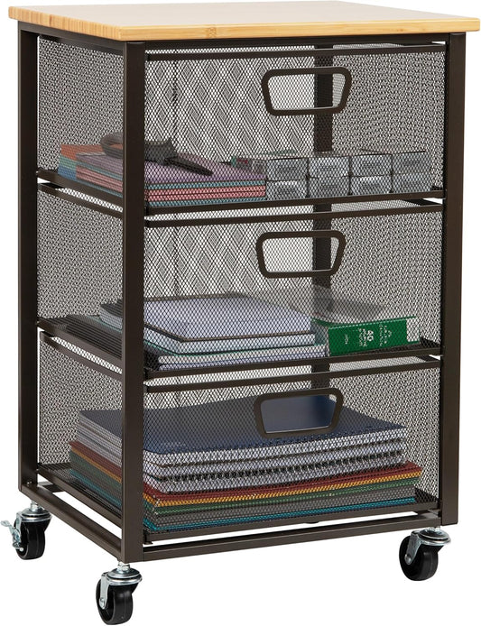 Mind Reader 3-Drawer Rolling Storage Cart, Office Organizer with Wood Top, Multipurpose Portable