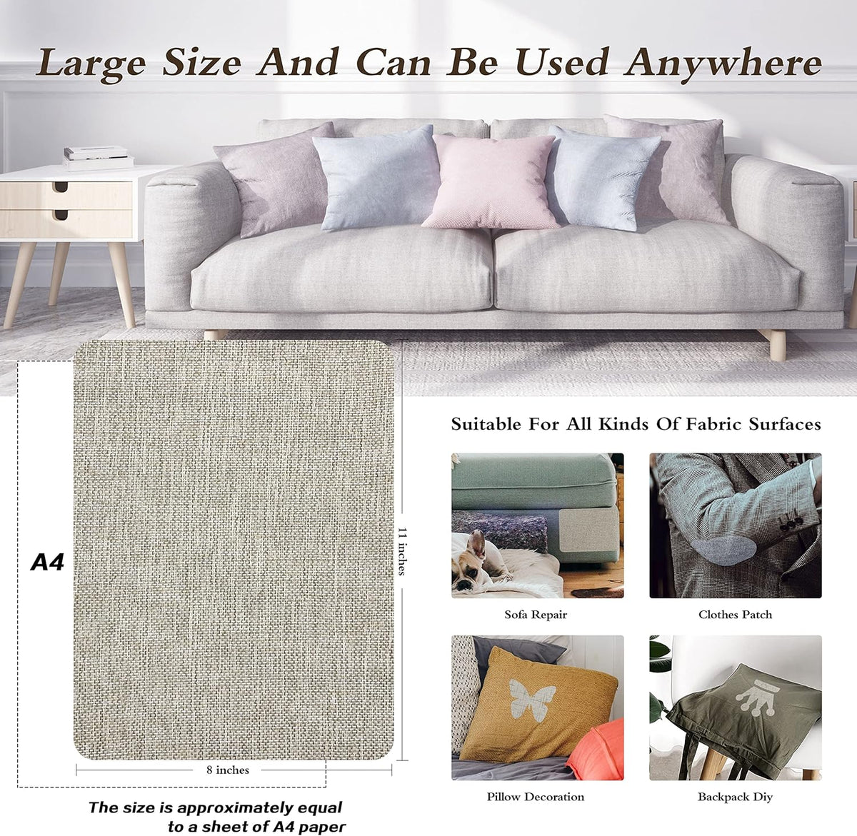 KING MOUNTAIN Coarse Linen Repair Patches, Self-Adhesive Linen Fabric Patches, 8X11 inch Extra