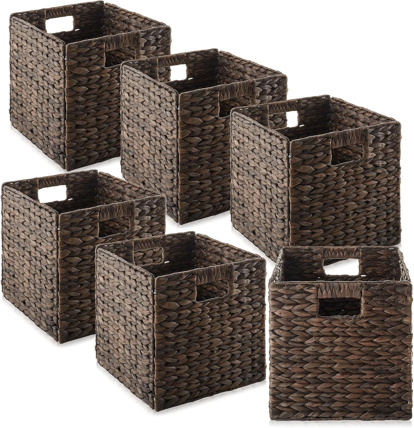 Casafield 10.5" x 10.5" Water Hyacinth Storage Baskets, Espresso - Set of 6 Collapsible Cube