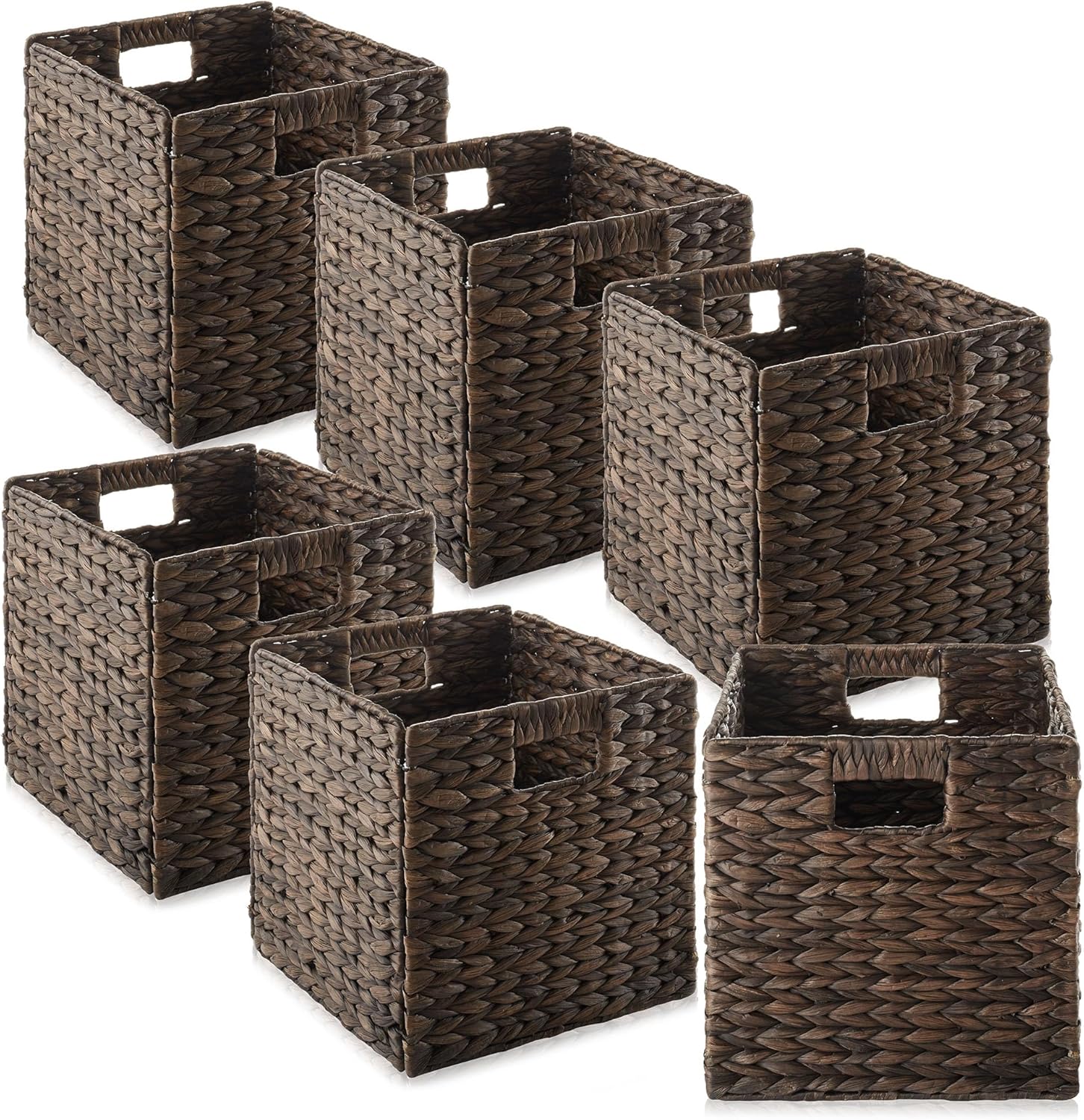 Casafield 10.5" x 10.5" Water Hyacinth Storage Baskets, Espresso - Set of 6 Collapsible Cube