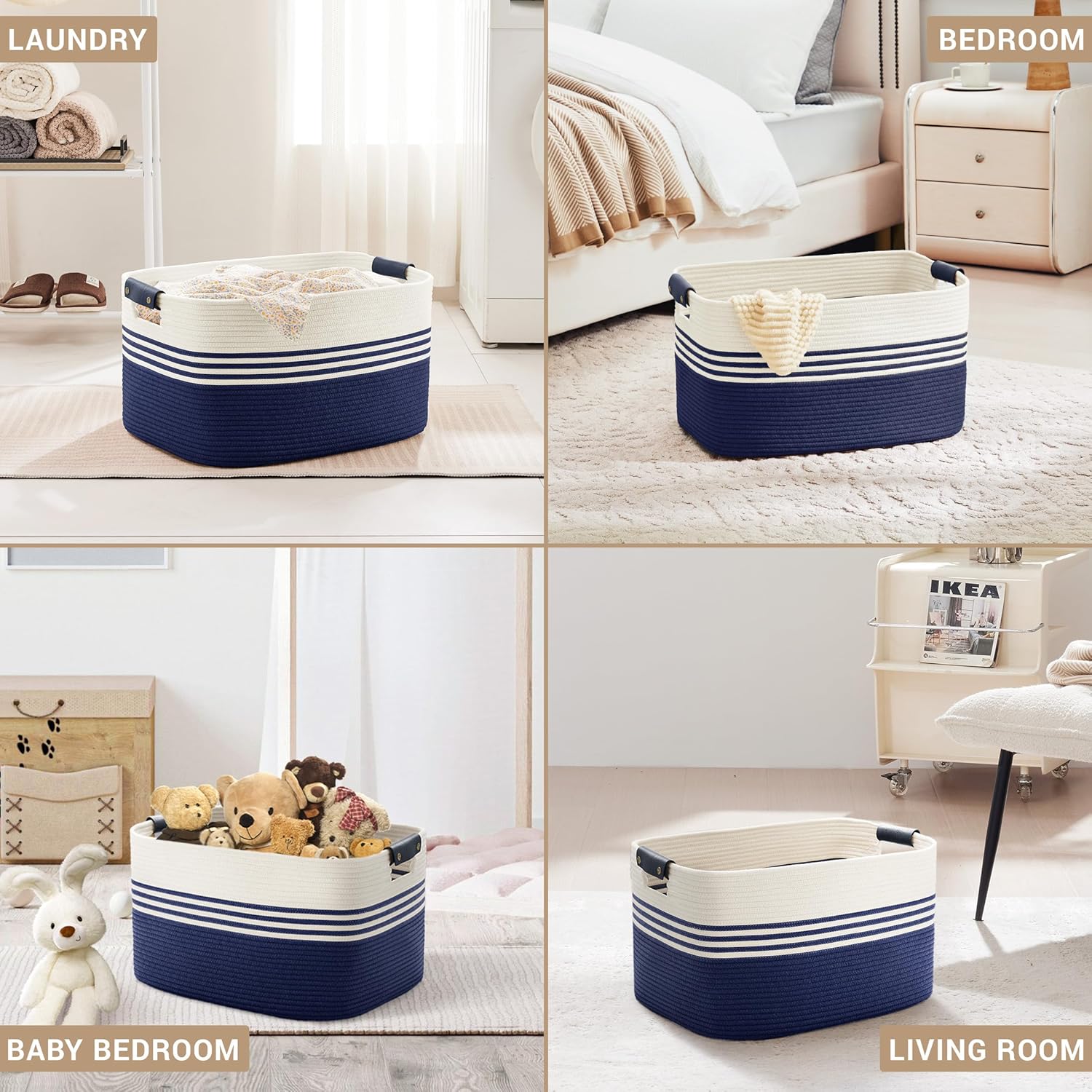 60L Large Laundry Basket with Leather Handles for Living Room Storage, Woven Rope Baskets Bin for