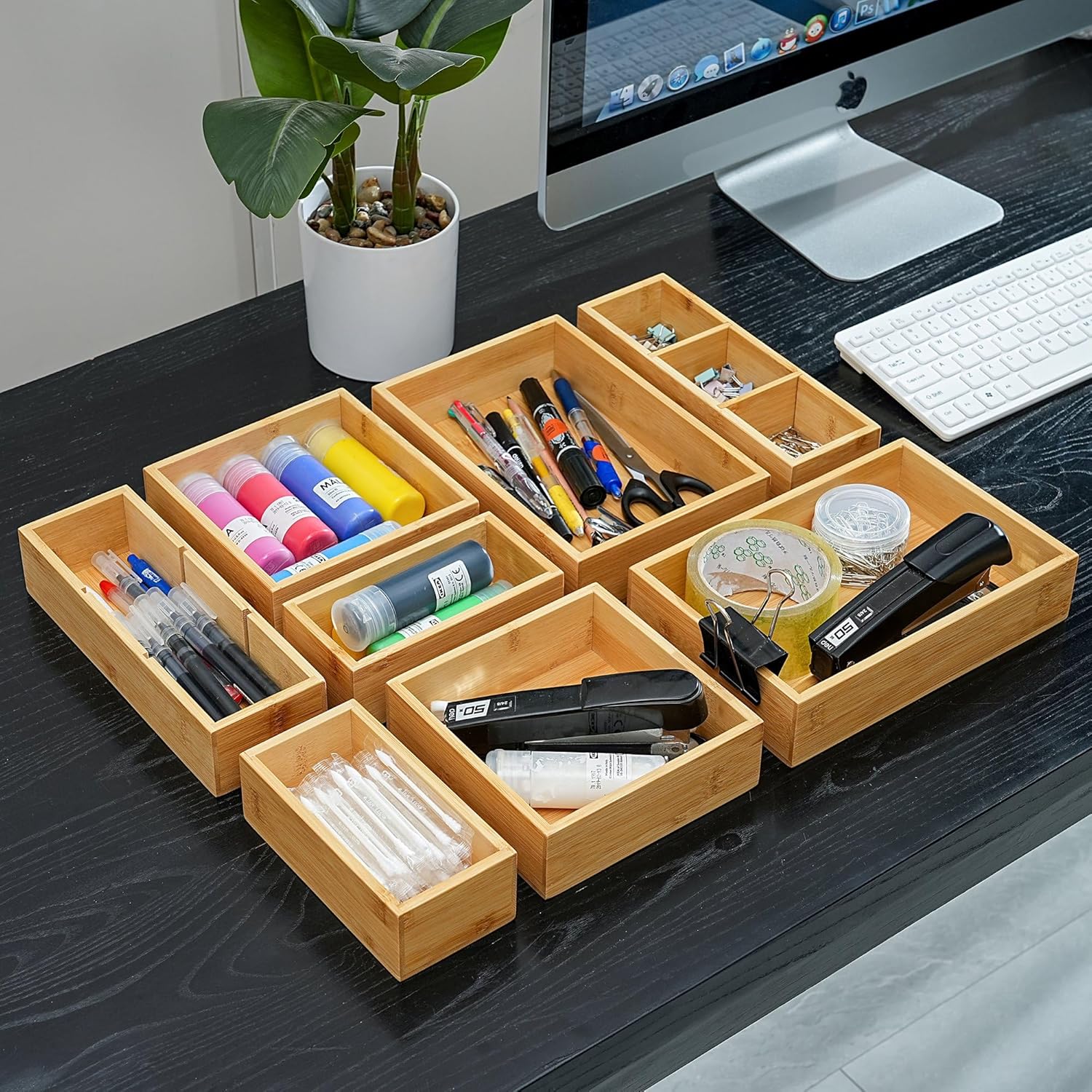 Fabsome Drawer Organizer, Set of 9 Bamboo Wood Kitchen Makeup Desk Junk Tea Drawer Storage Boxes