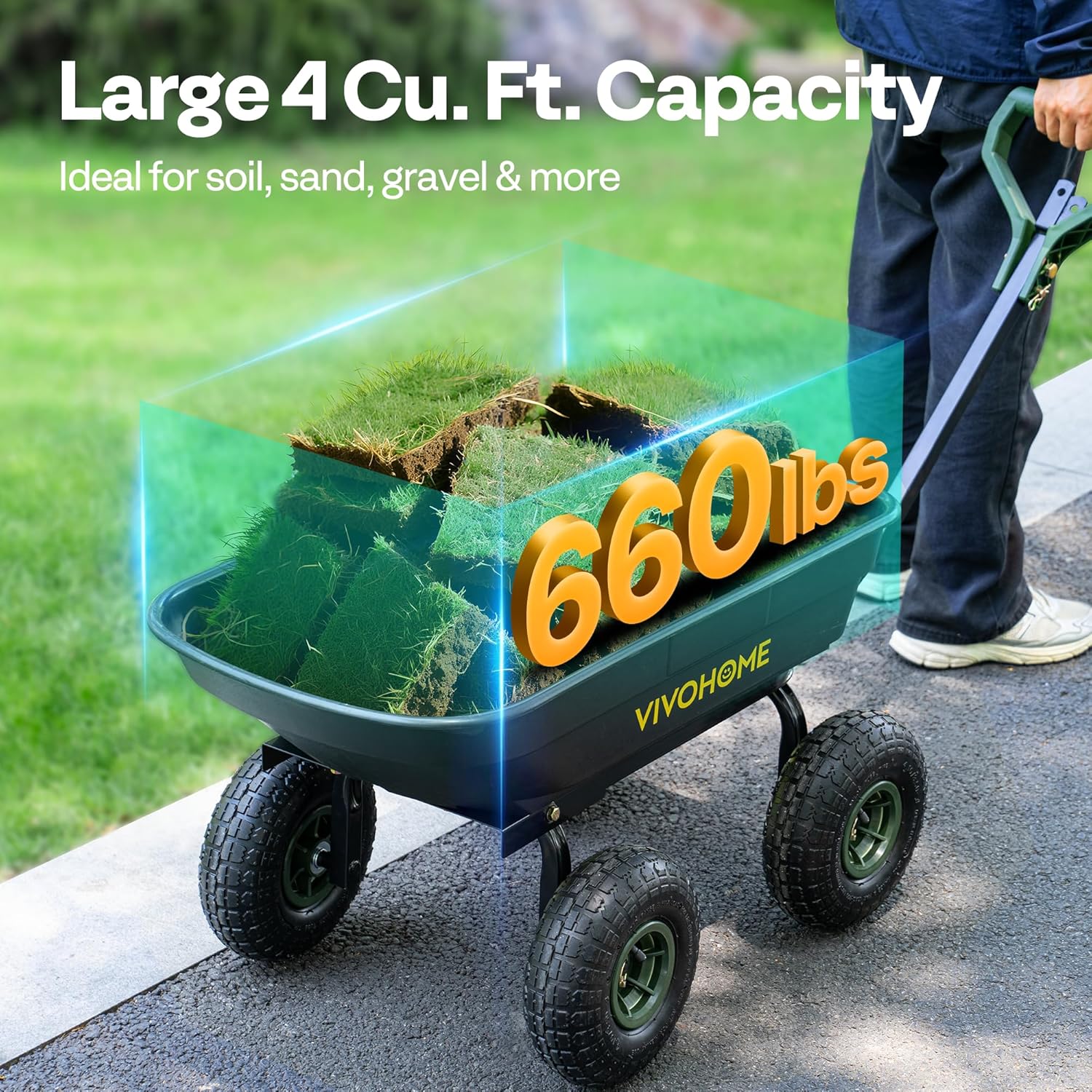 VIVOHOME 4 Cu.Ft 660lbs Wheelbarrow Garden Cart Dump Wagon with 2-in-1 Convertible Handle Attach to