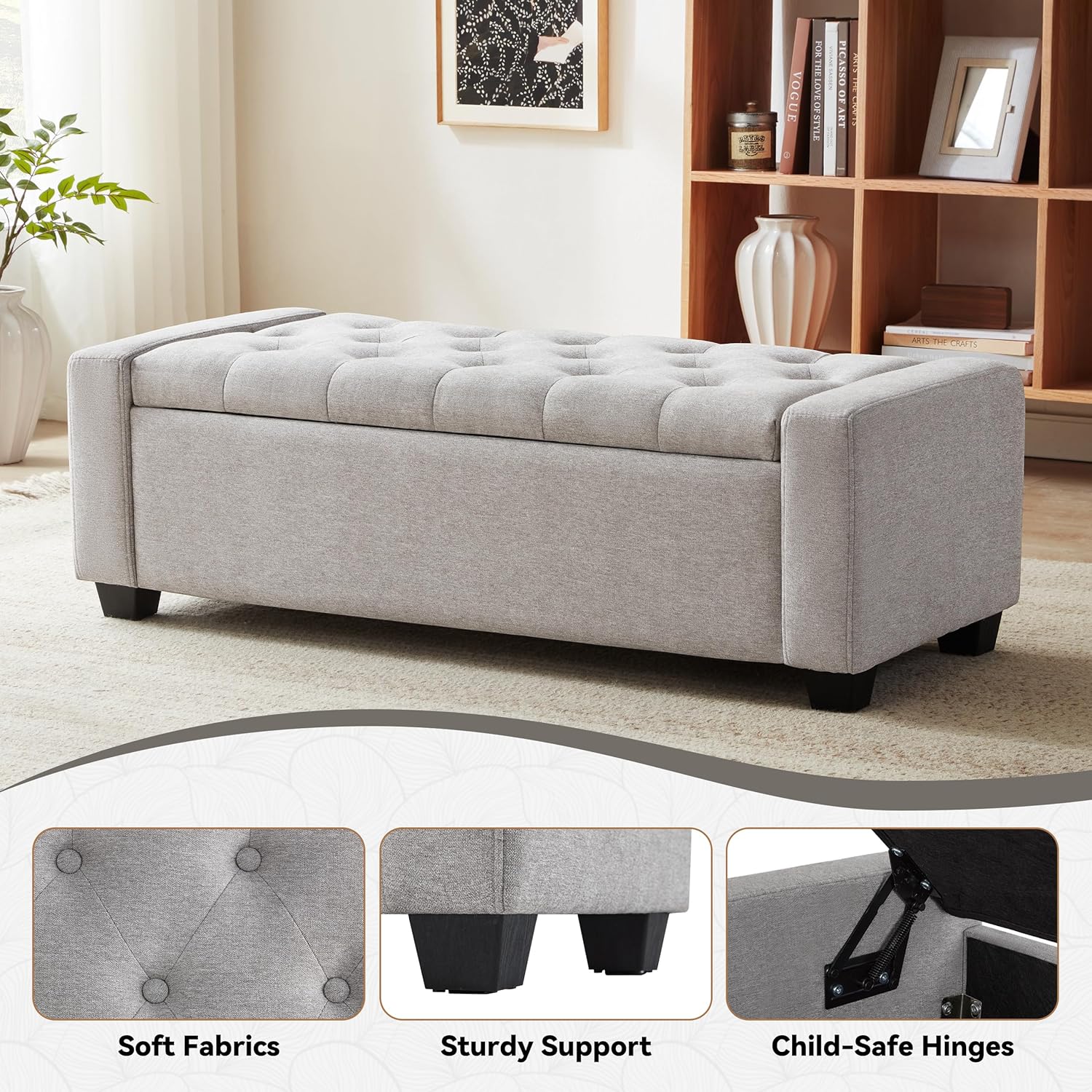 48" Ottoman with Storage, Large Storage Ottoman Bench for Bedroom with Safety Hinge, Upholstered