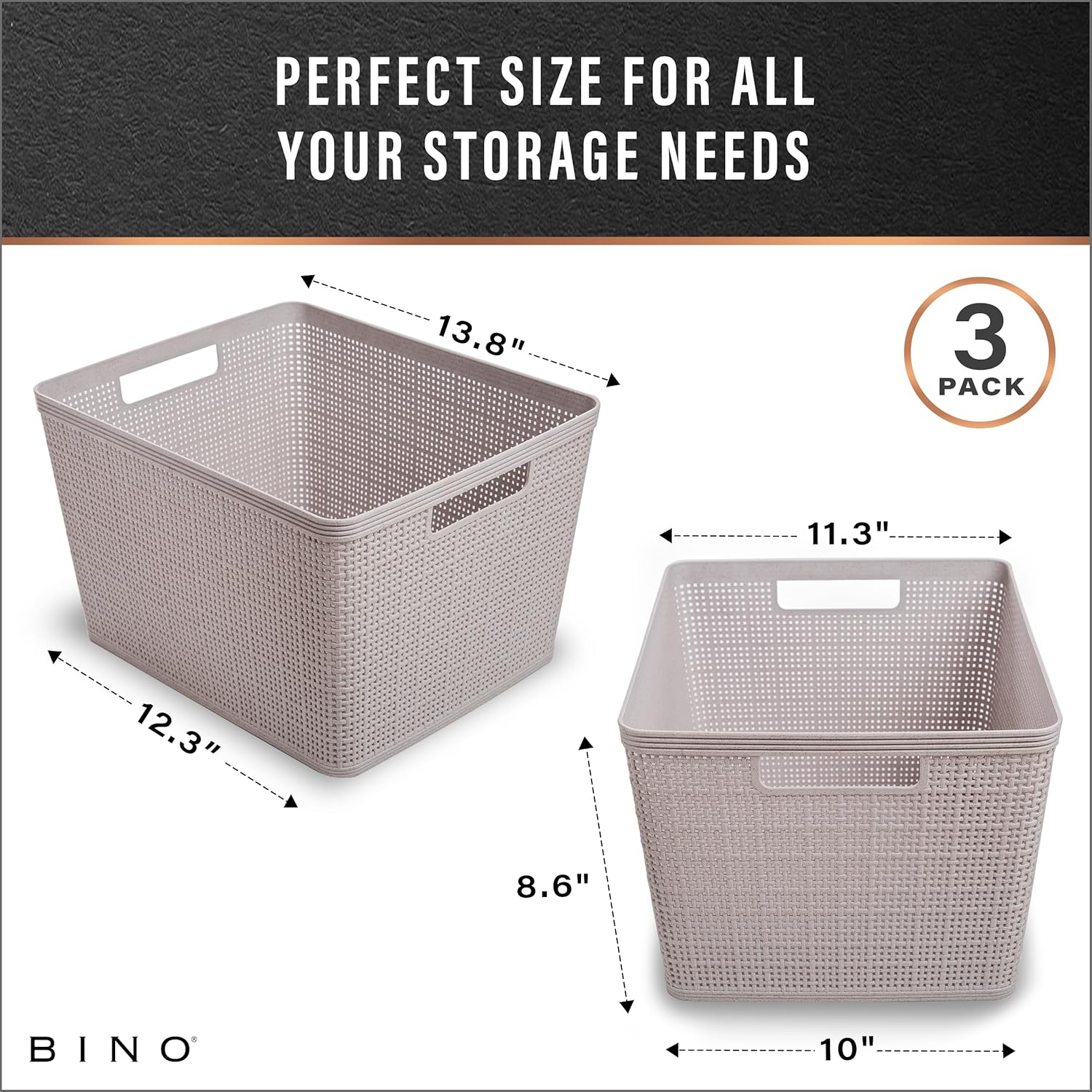 BINO | Woven Plastic Basket | Large (Natural Grey), 3-Pack | THE JUTE COLLECTION | Home