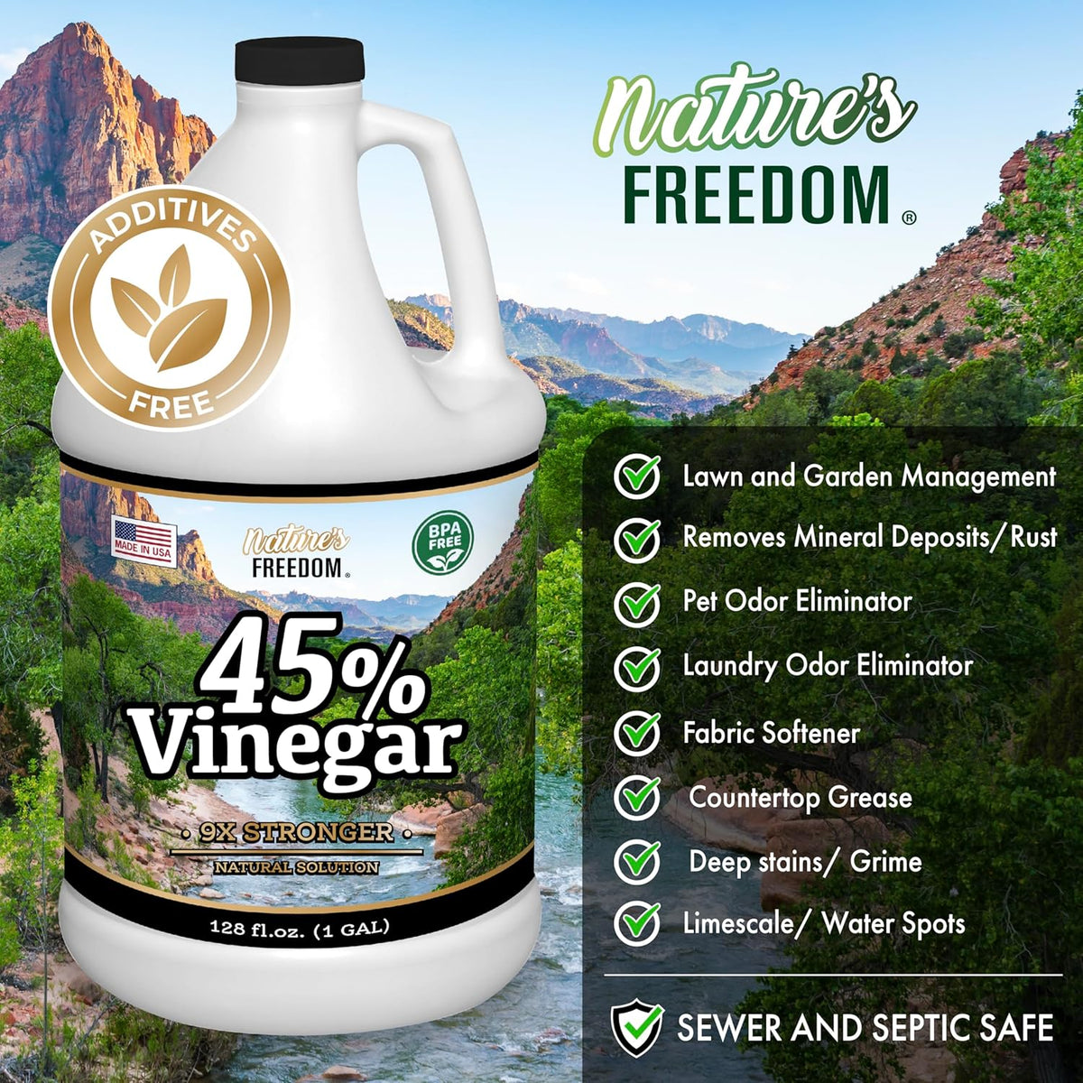 Nature's Freedom 45% Concentrated Vinegar, 1 Gallon - Dilutes to 9 Gallons - 9x Strength