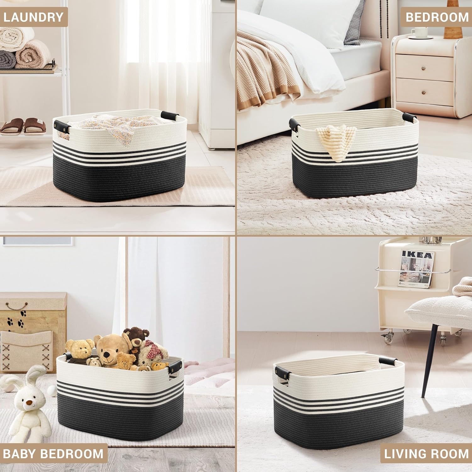 60L Large Laundry Basket with Leather Handles for Living Room Storage, Woven Rope Baskets Bin for