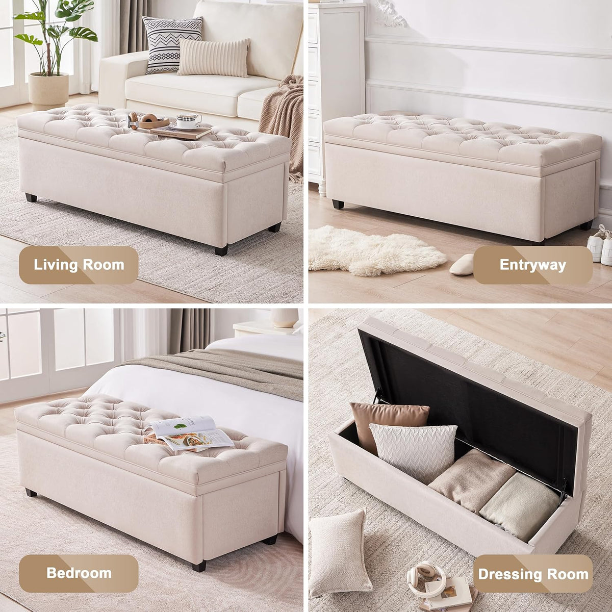 50" Storage Ottoman Bench, Tufted Ottoman with Storage for Living Room, Large End of Bed Ottomans