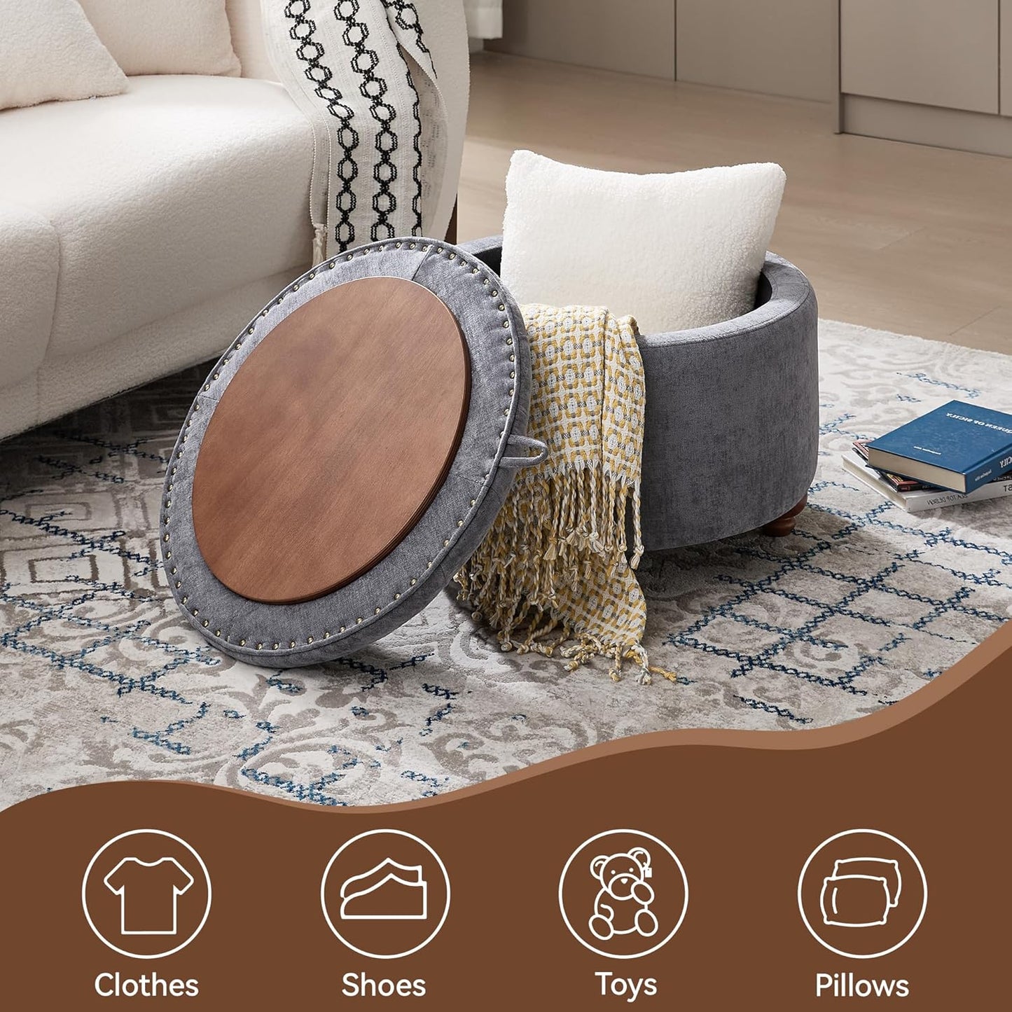 24Inch Round Storage Ottoman with Tray, Modern Tufted Circle Coffee Table with Storage, Upholstered