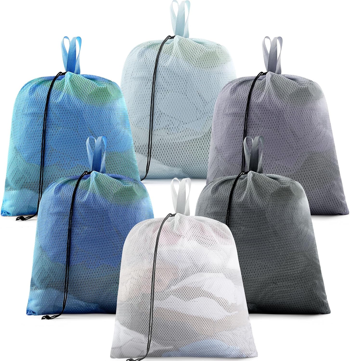 6 Pack 20 x 17 Inches Blue Mesh Laundry Bag with Handles Machine Washable Secure Drawstring Closure