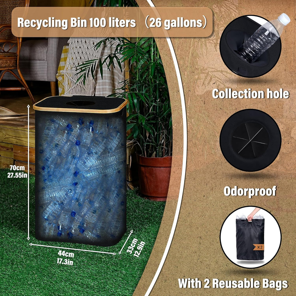 efluky Recycling Bin for Kitchen 26 Gallon, 100L Recycle Bin with 2 Removeable and Reusable Inner