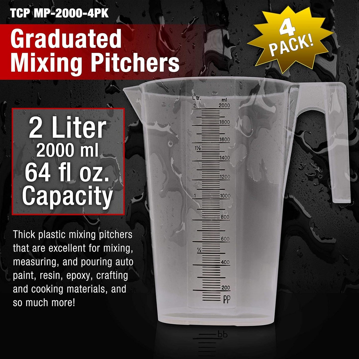 TCP Global 2 Liter (2000ml) Plastic Graduated Measuring and Mixing Pitcher (Pack of 4) - Holds Over