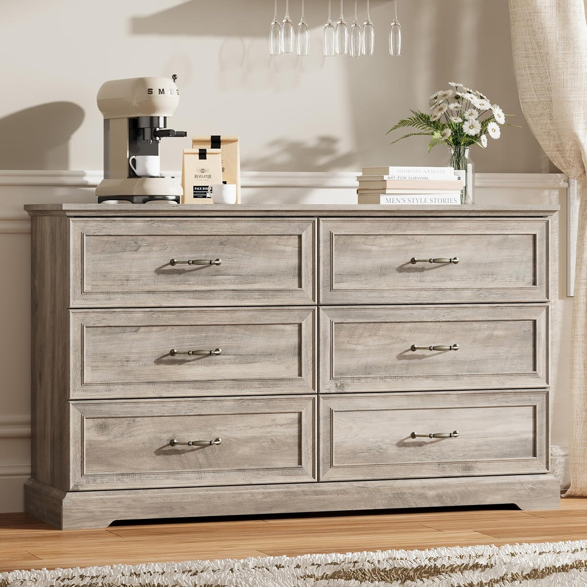 6 Drawer Dresser for Bedroom, 53" Wide Wooden Chest of Drawers, Rustic Farmhouse Dresser with Large
