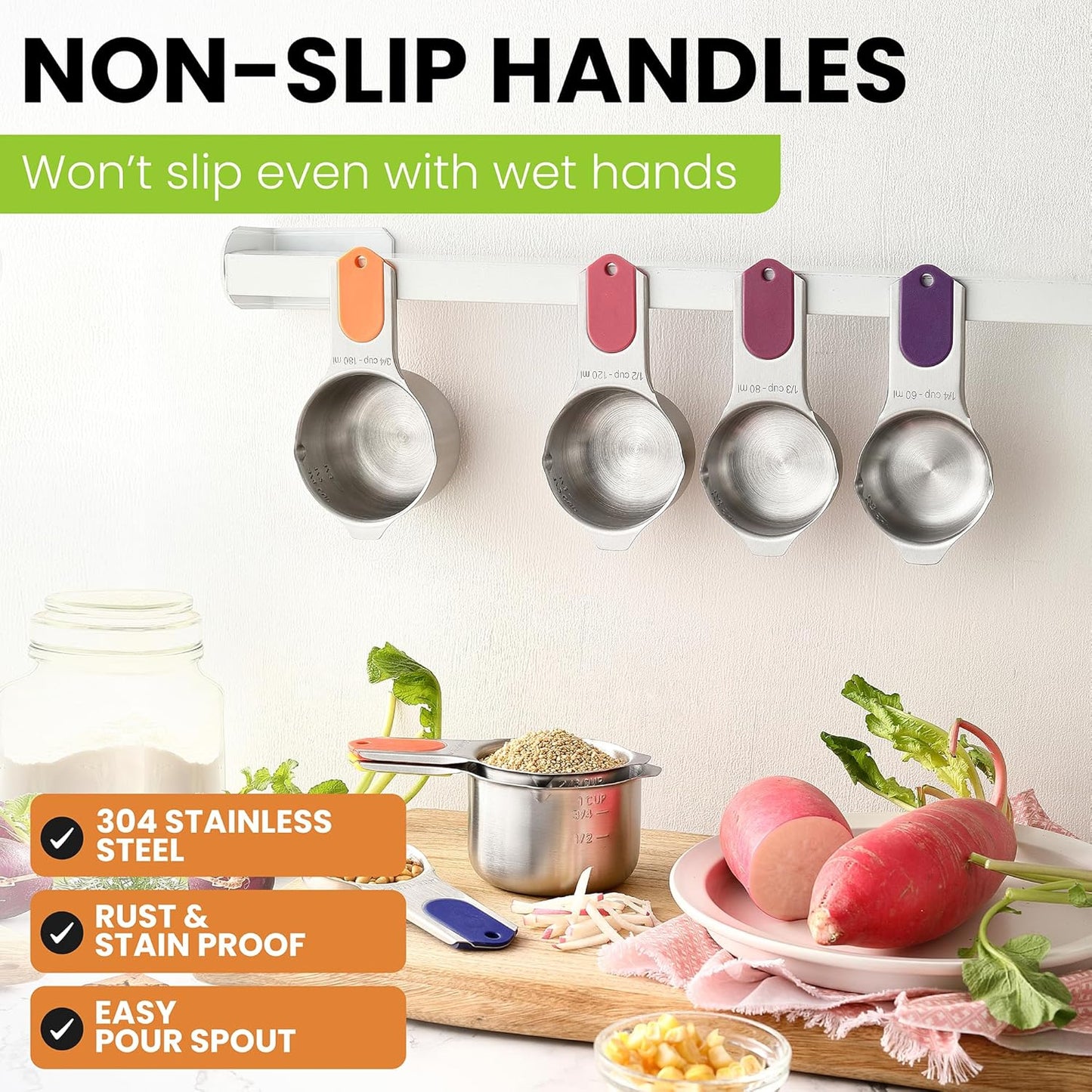 Spring Chef Magnetic Stainless Steel Measuring Cups, Patented, Kitchen Tools with Easy to Read