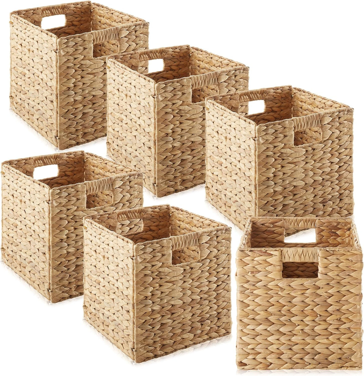 Casafield 10.5" x 10.5" Water Hyacinth Storage Baskets, Natural - Set of 6 Collapsible Cube