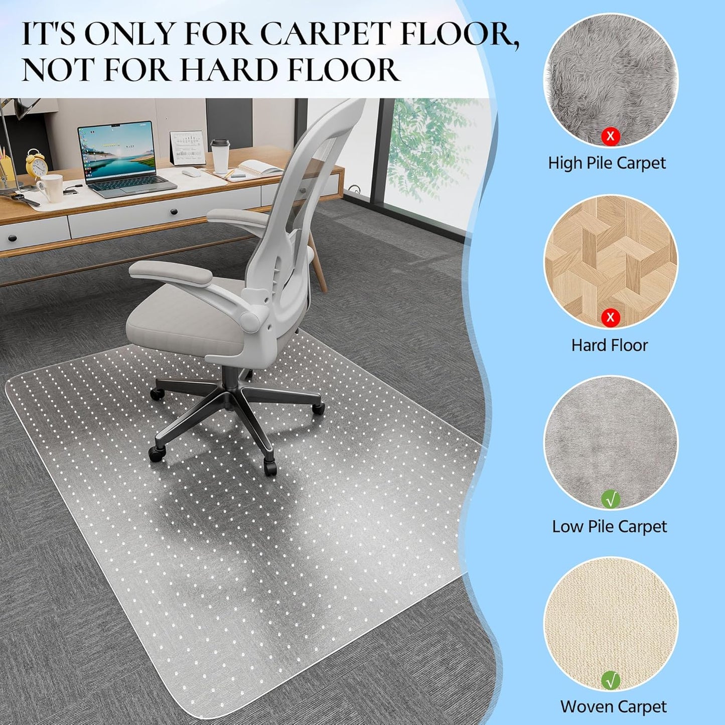 Office Chair Mat for Carpet, 53" x 45" Studded Desk Chair Mat for Low Pile Carpeted Floors