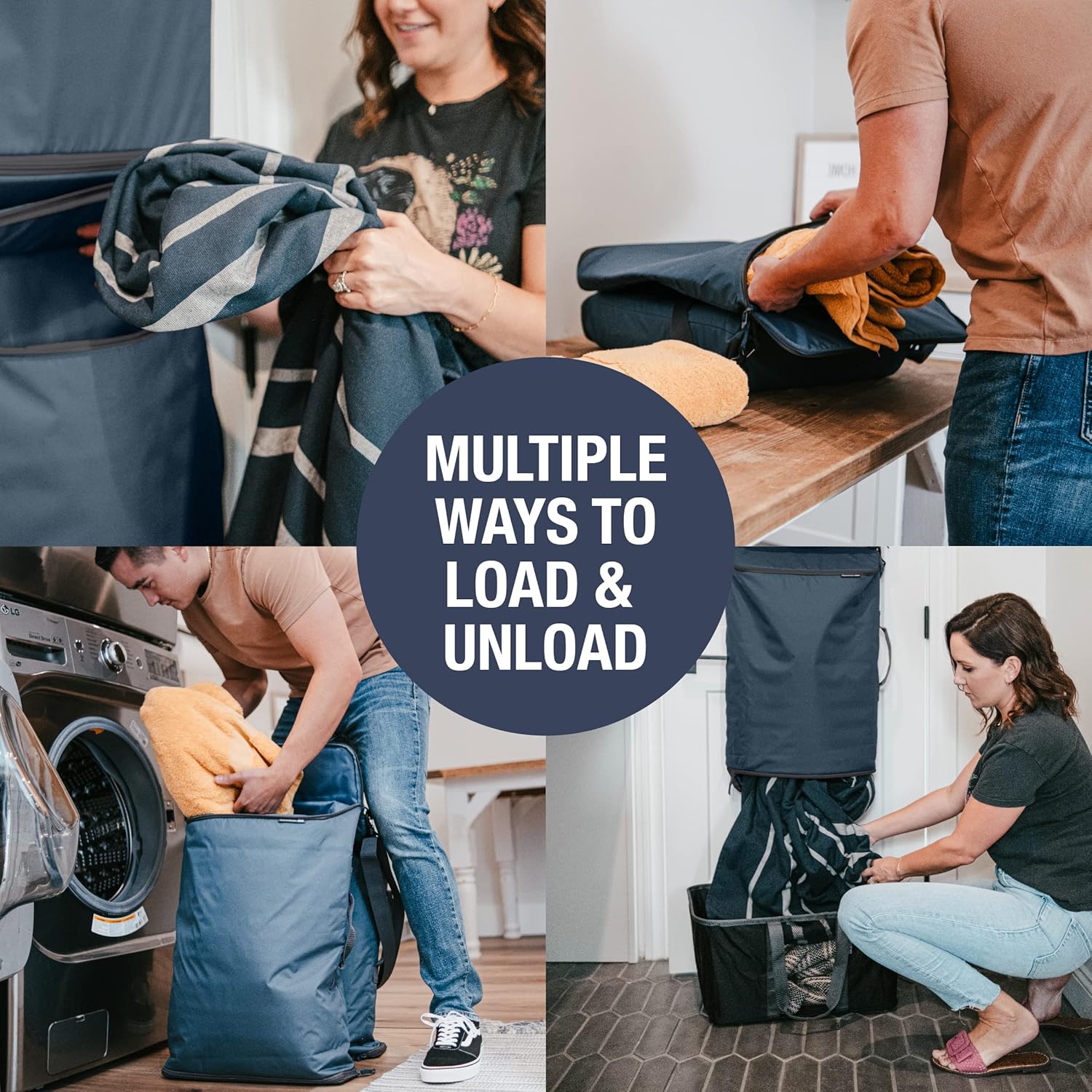 CleverMade Convertible Laundry Hamper Bag - Ocean Dark Charcoal holds 43L / 40 lbs 2 Compartments