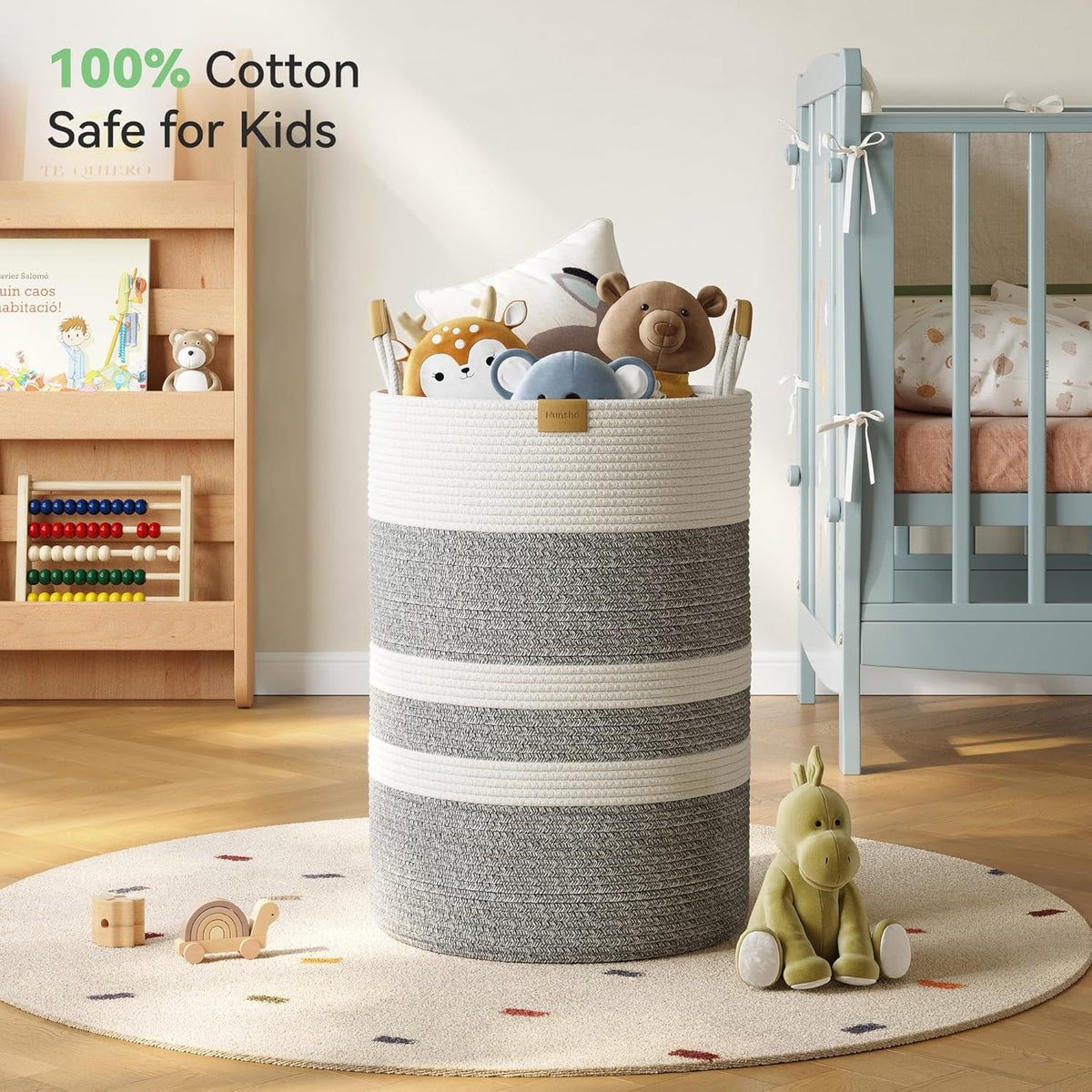 95L Striped Laundry Hamper with Leather Handles ,Large Foldable Laundry Basket for Clothes,Cotton