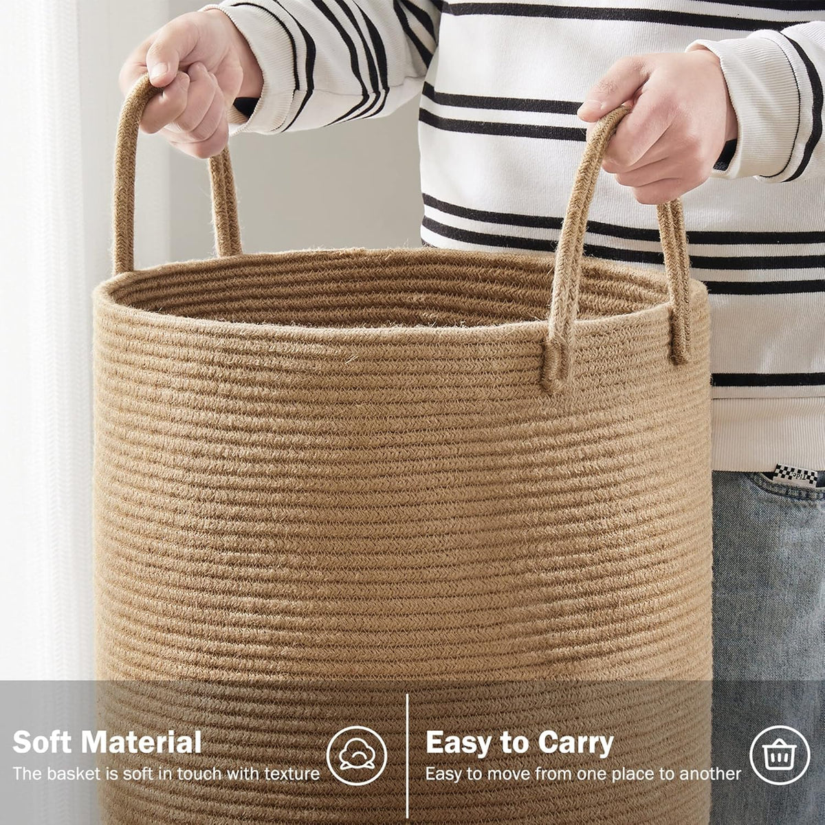 Jute Rope Laundry Hamper Basket by YOUDENOVA, 58L Tall Laundry Basket, Baby Nursery Hamper for