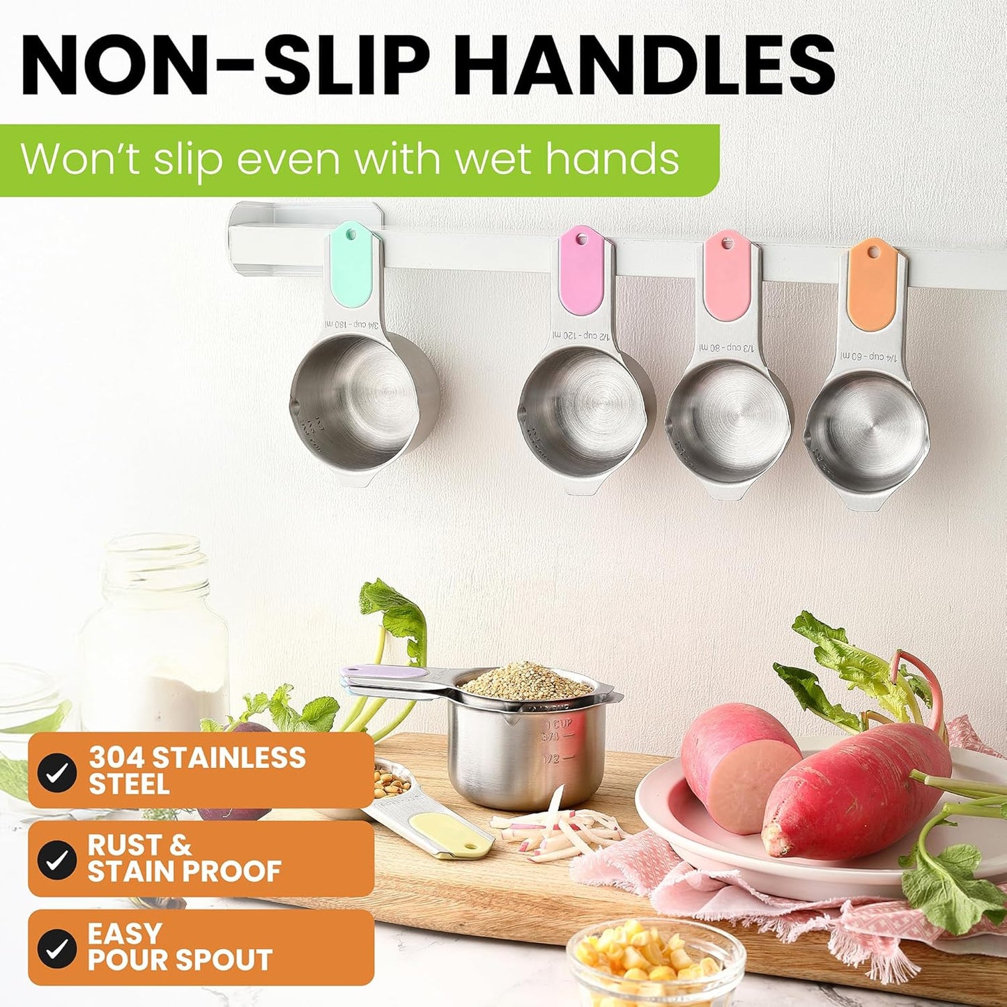 Spring Chef Magnetic Stainless Steel Measuring Cups, Patented, Kitchen Tools with Easy to Read