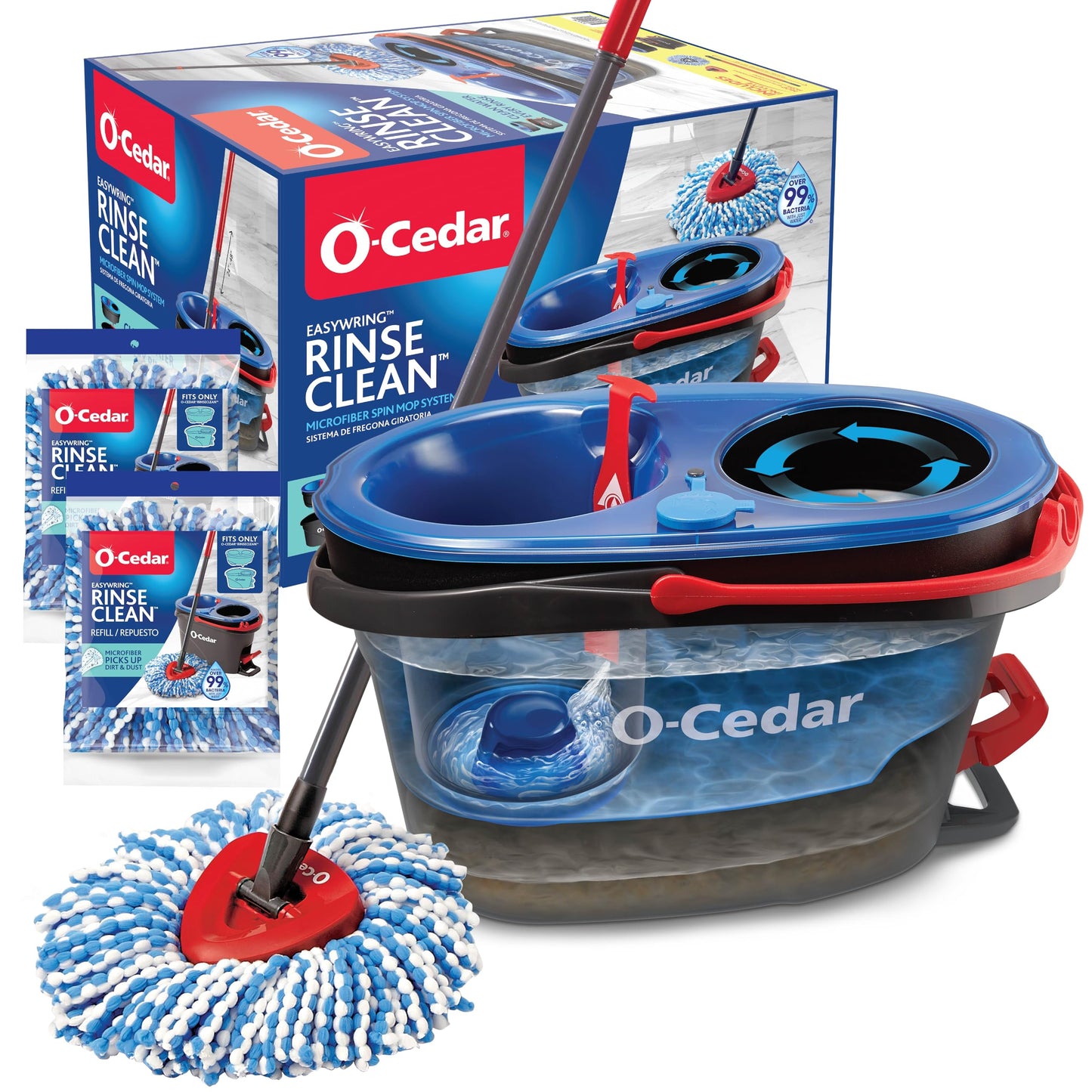 O-Cedar RinseClean Spin Mop & Bucket System + 2 Extra Mop Heads| Clean with Clean Water | Removes