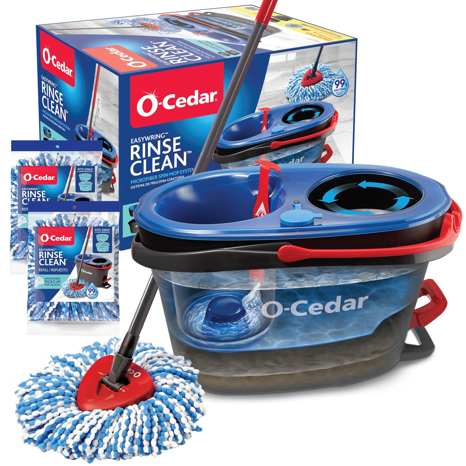 O-Cedar RinseClean Spin Mop & Bucket System + 2 Extra Mop Heads| Clean with Clean Water | Removes