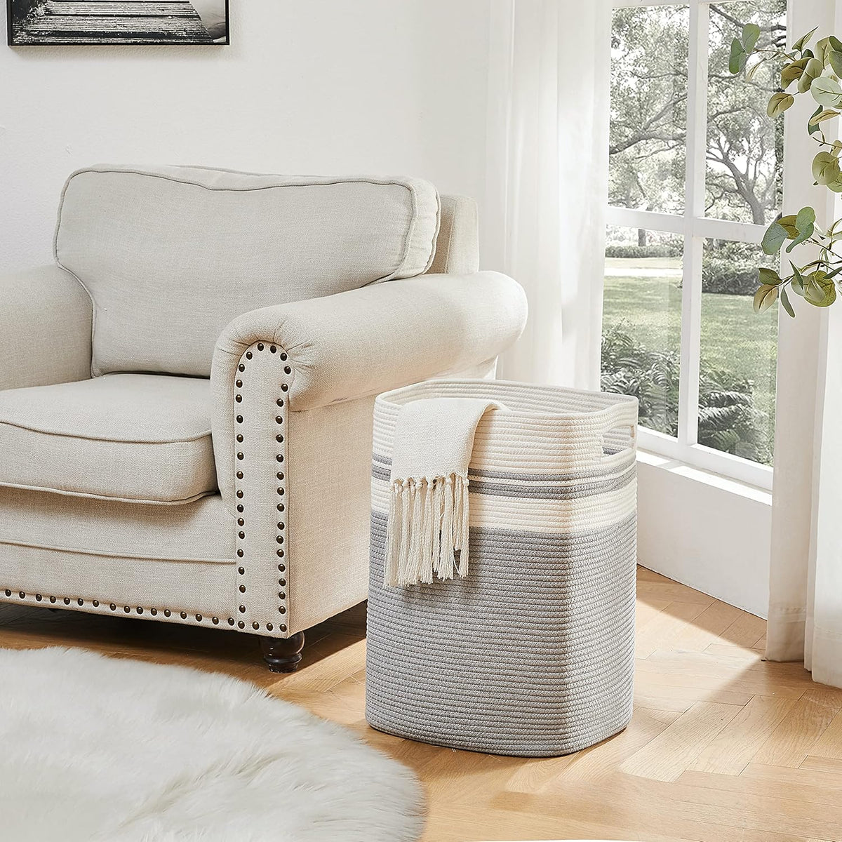OIAHOMY Laundry Hamper, Tall Cotton Decorative Blanket Storage Basket with Handles for Living
