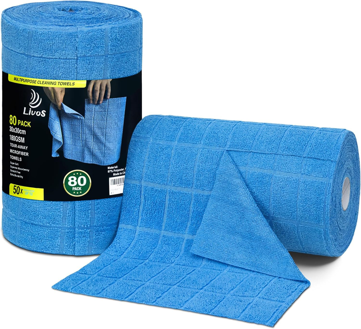 LIVOS Microfiber Cleaning Cloth Roll - 80 Pack, Reusable Paper Towels, Microfiber Towels for Cars