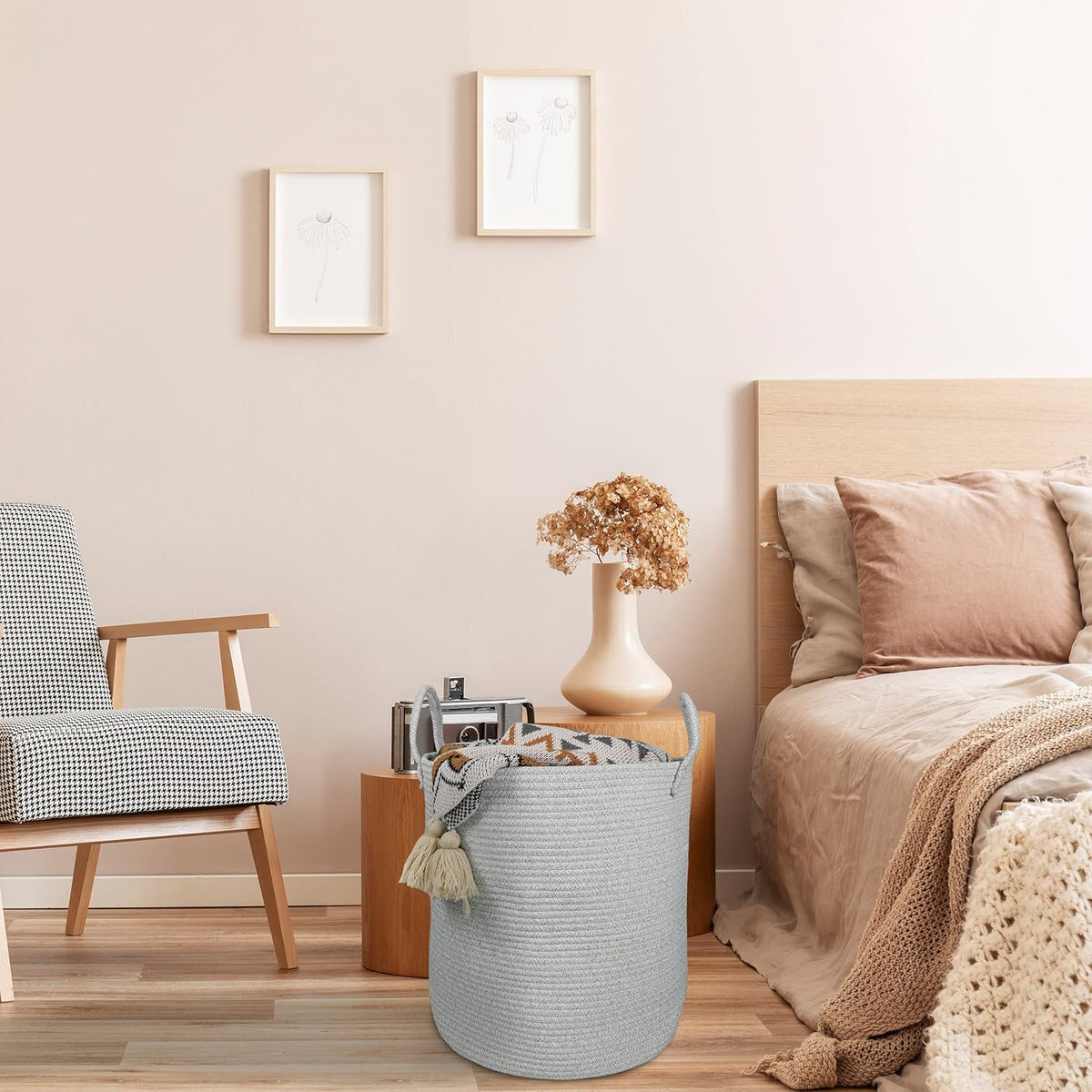 Cotton Rope Laundry Basket Hamper for Clothes Woven Storage Basket for Living Room Bedroom Boho