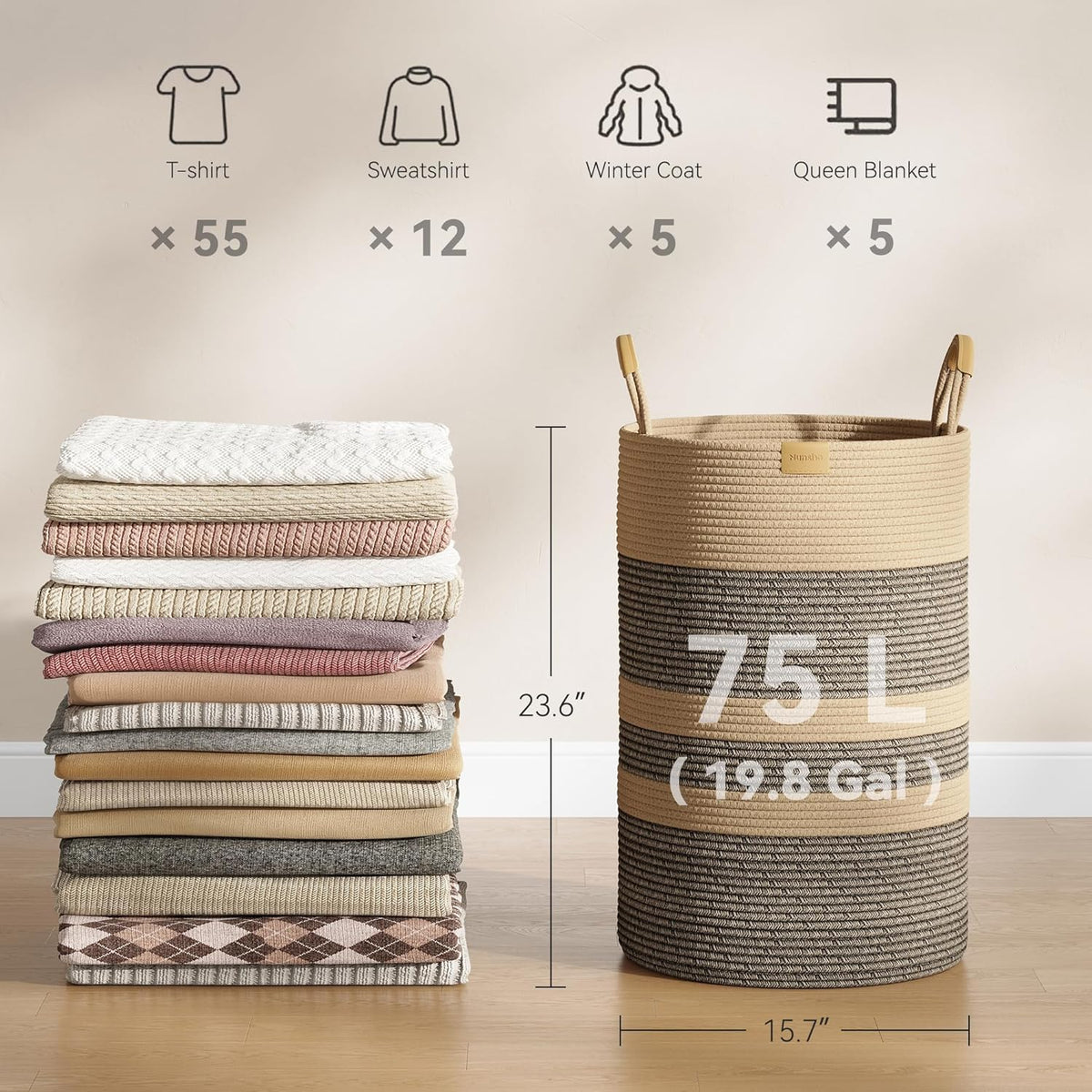 75L Striped Laundry Hamper with Leather Handles,Large Foldable Laundry Basket for Clothes,Cotton