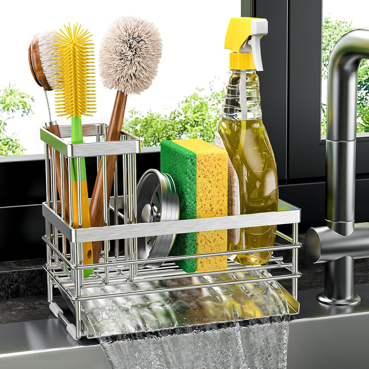 Cisily Sink Caddy Sponge Holder for Kitchen with Brush Holder and Stainless Steel Self Drain Tray
