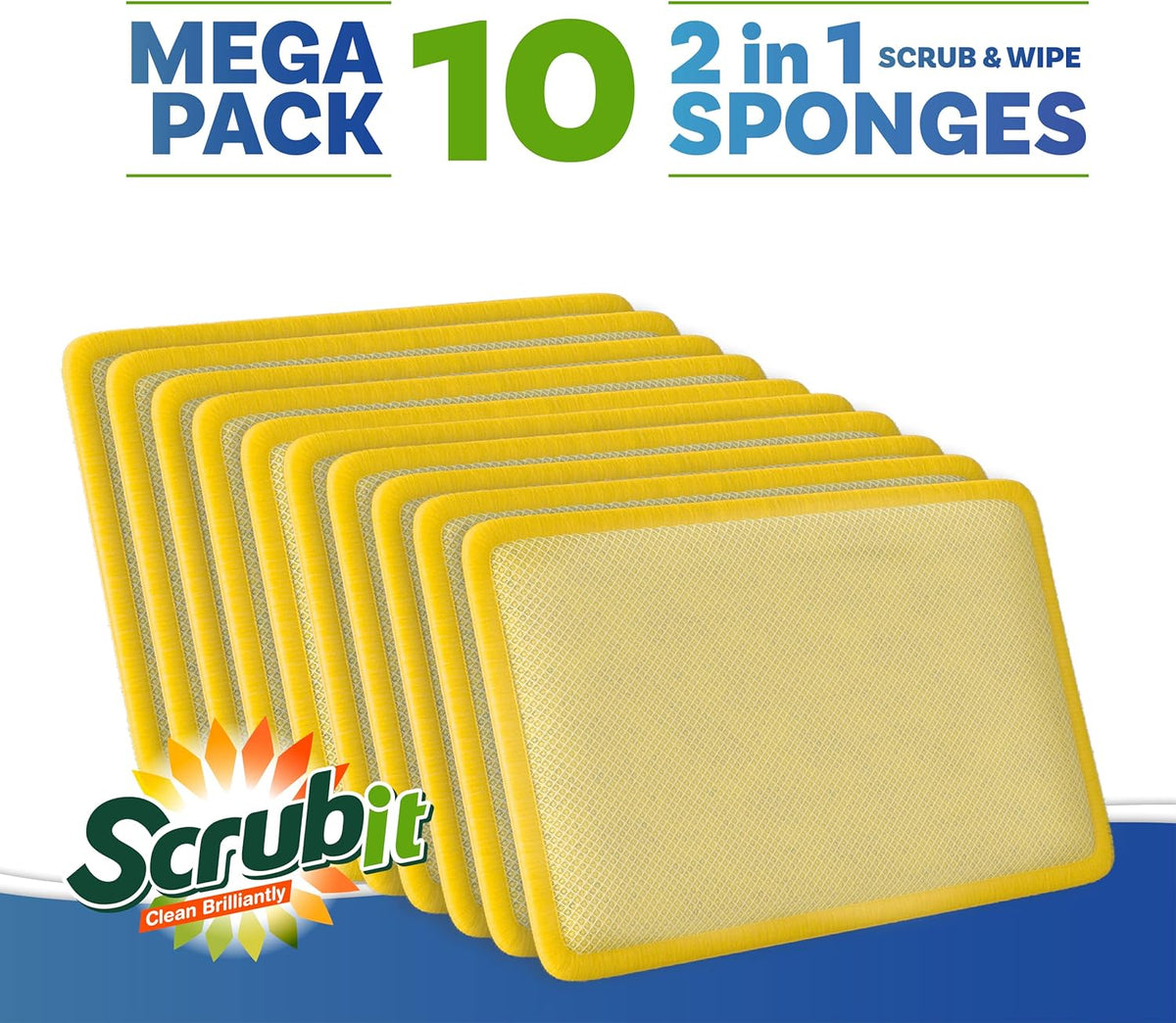 Scrub and Wipe Cleaning Pads [10 Pack] – SCRUBIT Dual Sided Scouring Pad and Sponge - Reusable