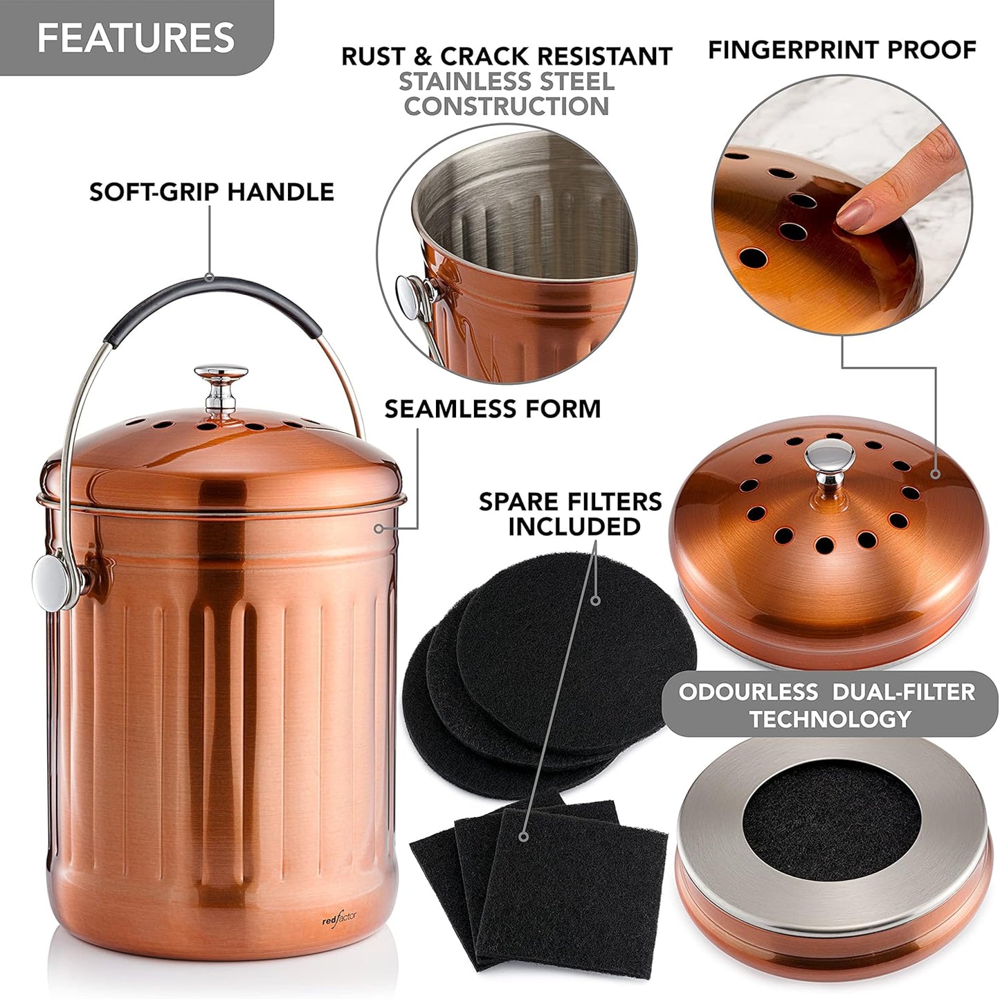 RED FACTOR Premium Compost Bin for Kitchen Countertop - Stainless Steel Food Waste Bucket with