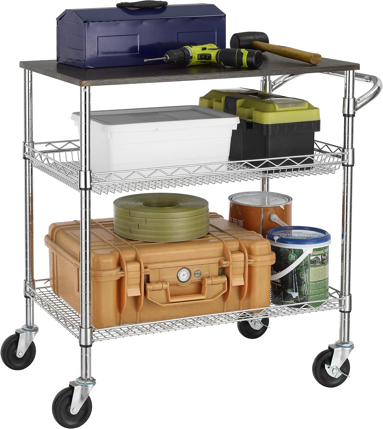 Finnhomy 3 Tier Heavy Duty Commercial Grade Utility Cart with Wood Top, Wire Rolling Cart with