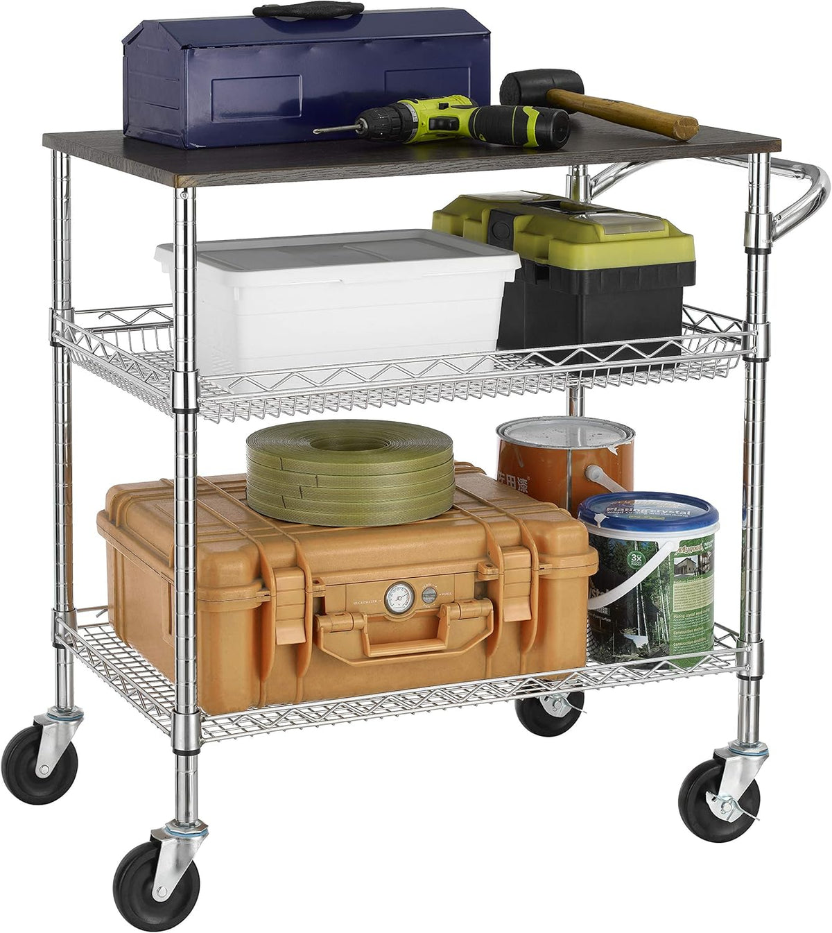Finnhomy 3 Tier Heavy Duty Commercial Grade Utility Cart with Wood Top, Wire Rolling Cart with