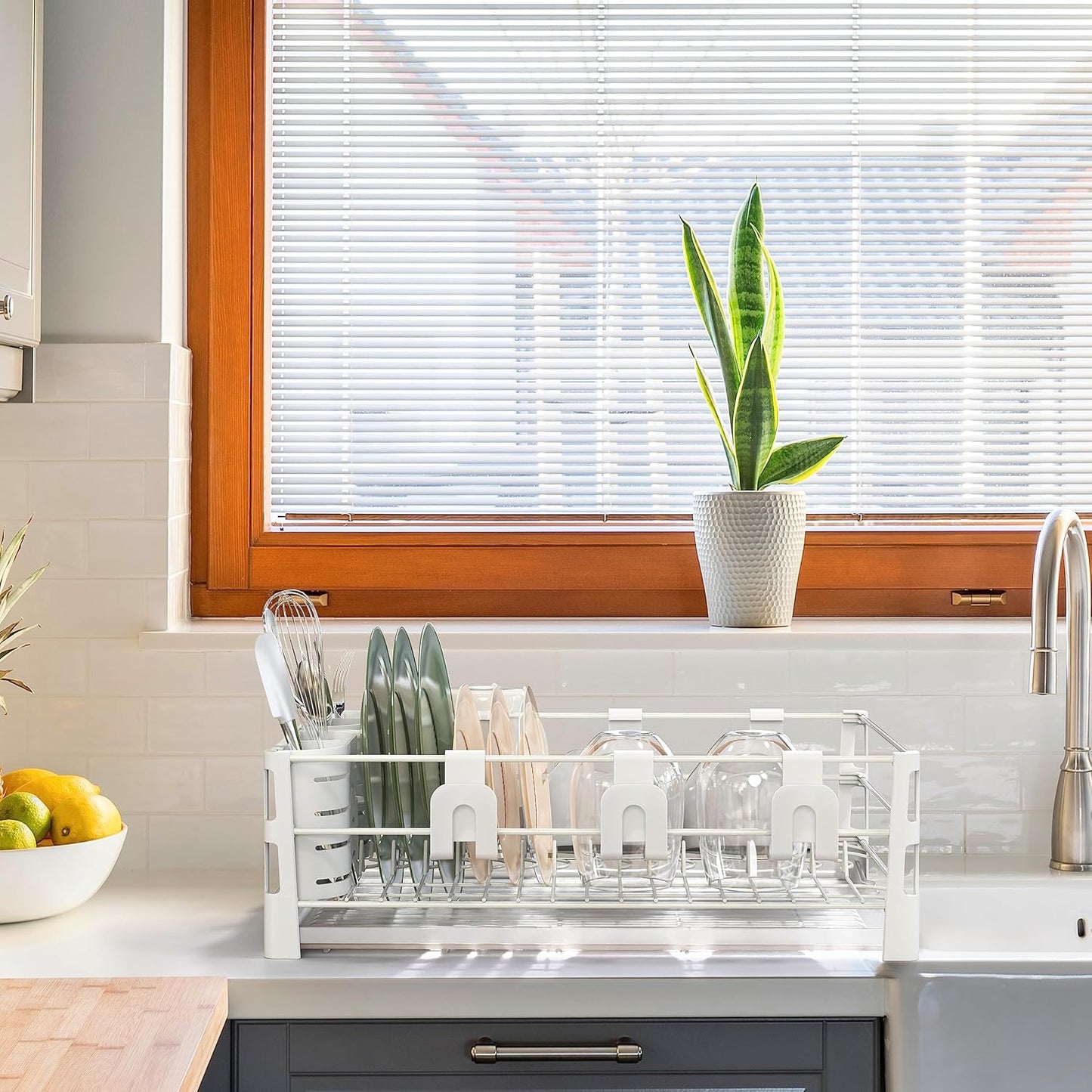 SIMPLE HOUSEWARE White Dish Drying Rack with Drainboard, Utensil Holder & Mug Hooks – Metal Kitchen