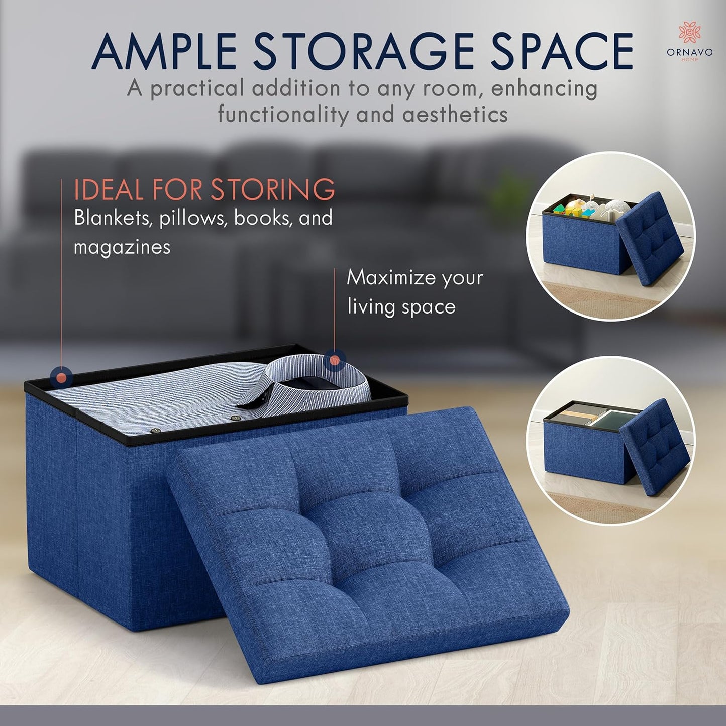Ornavo Home Small Storage Ottoman Foldable Collapsible Rectangle Linen Ottoman Foot Rest Stool