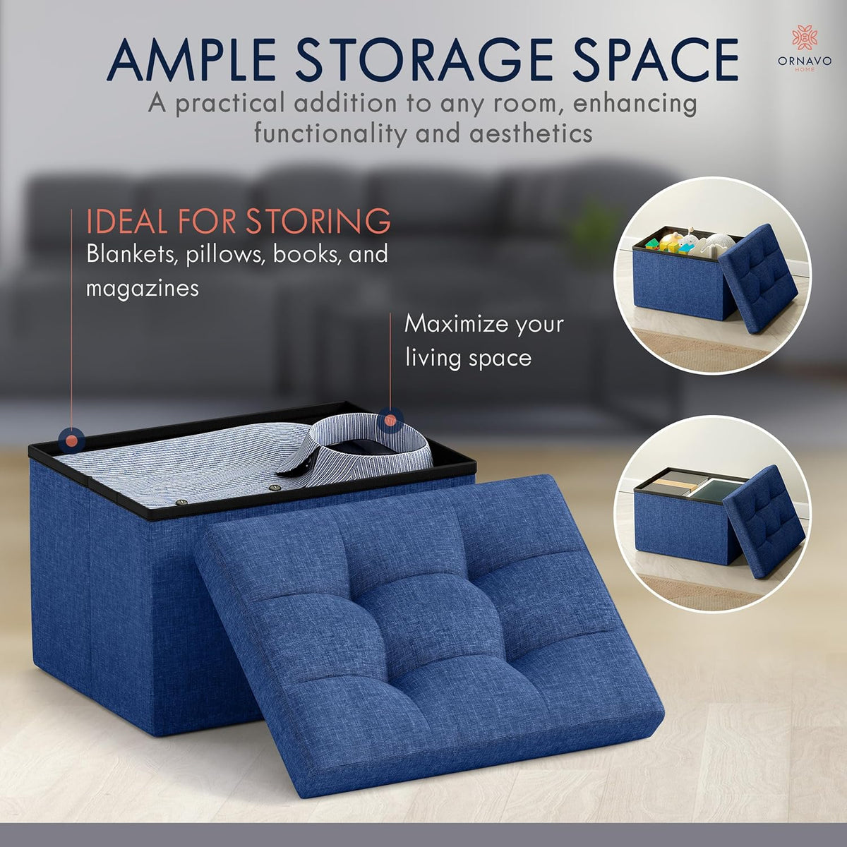 Ornavo Home Small Storage Ottoman Foldable Collapsible Rectangle Linen Ottoman Foot Rest Stool