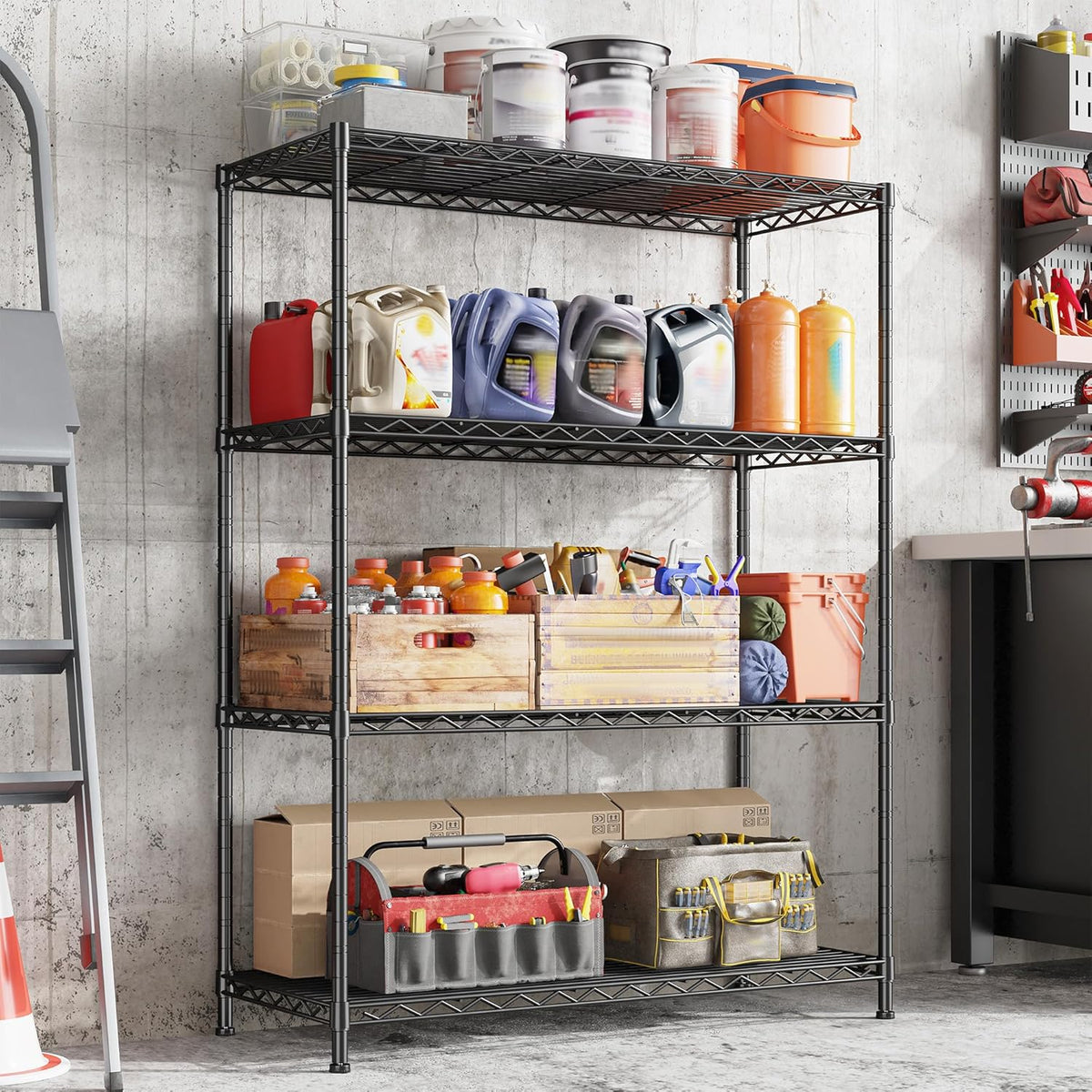 4- Shelf Metal Shelving Unit Adjustable Storage Shelves Heavy Duty Garage Shelving Steel Wire
