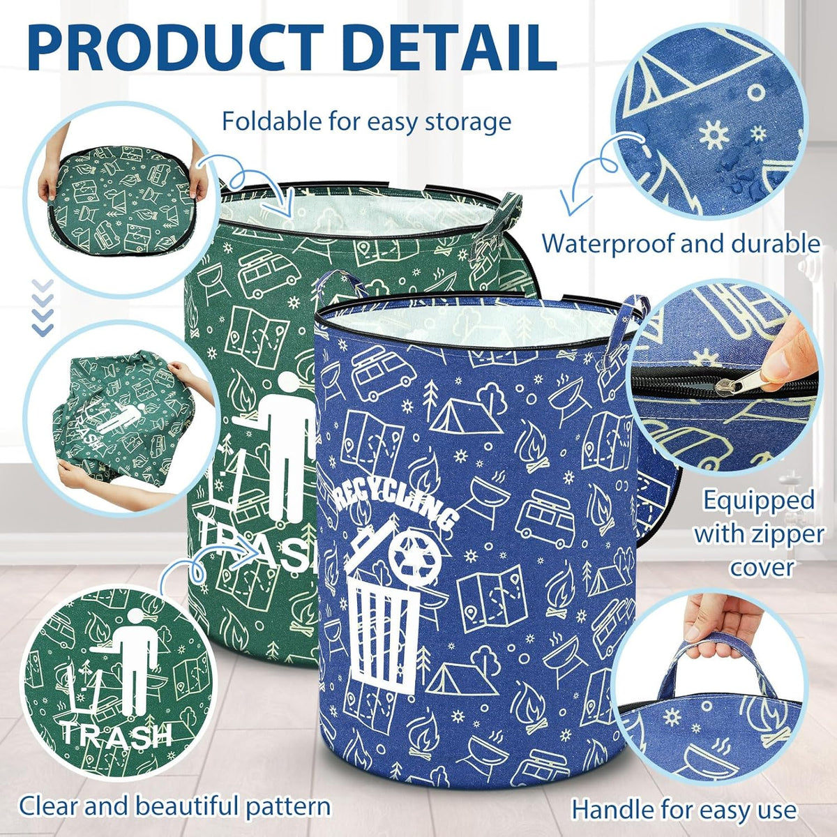 2 Pack Collapsible Trash Can Camping with Zippered Lid Foldable Storage Bin Portable Garbage Can