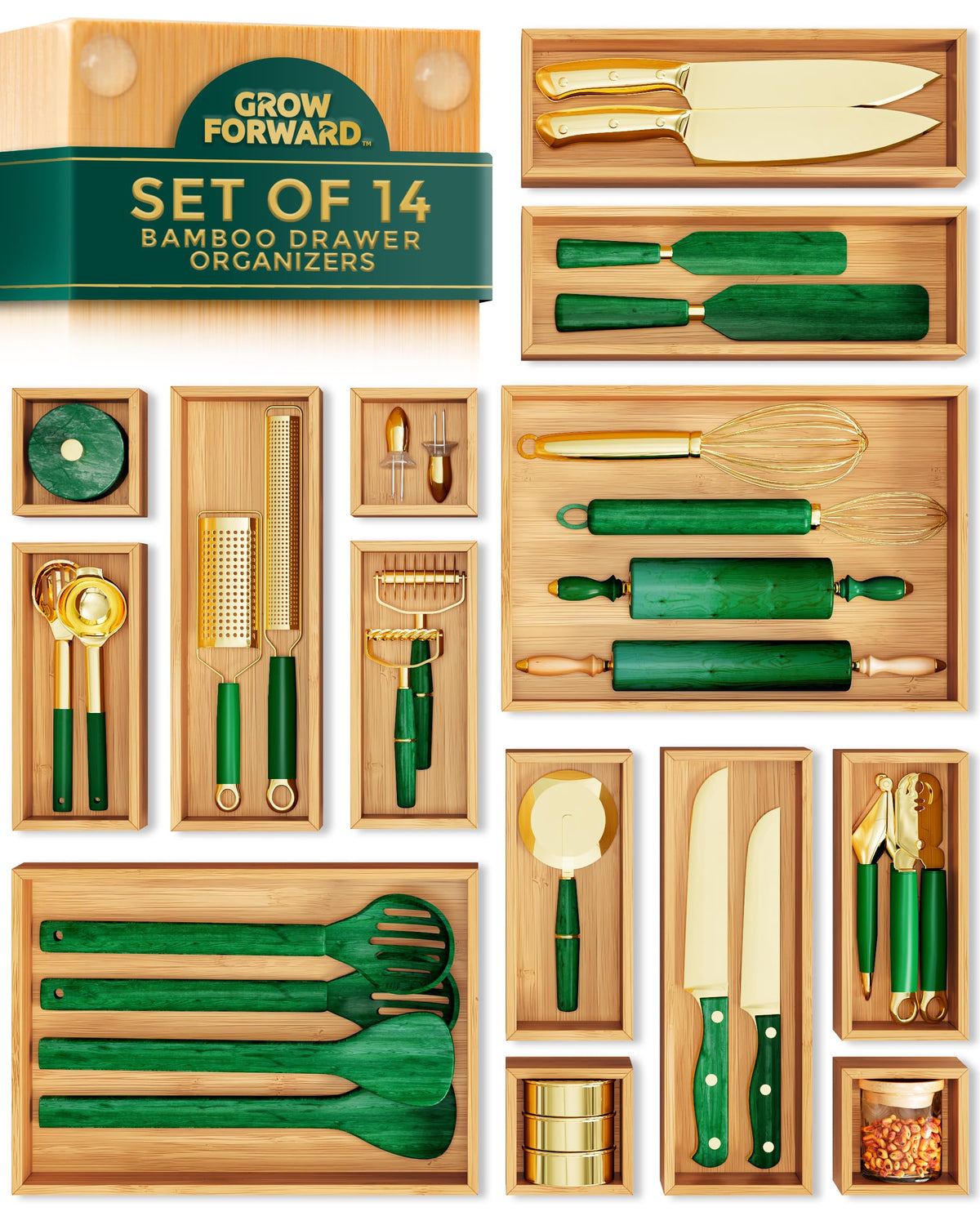 Grow Forward Bamboo Drawer Organizer Boxes